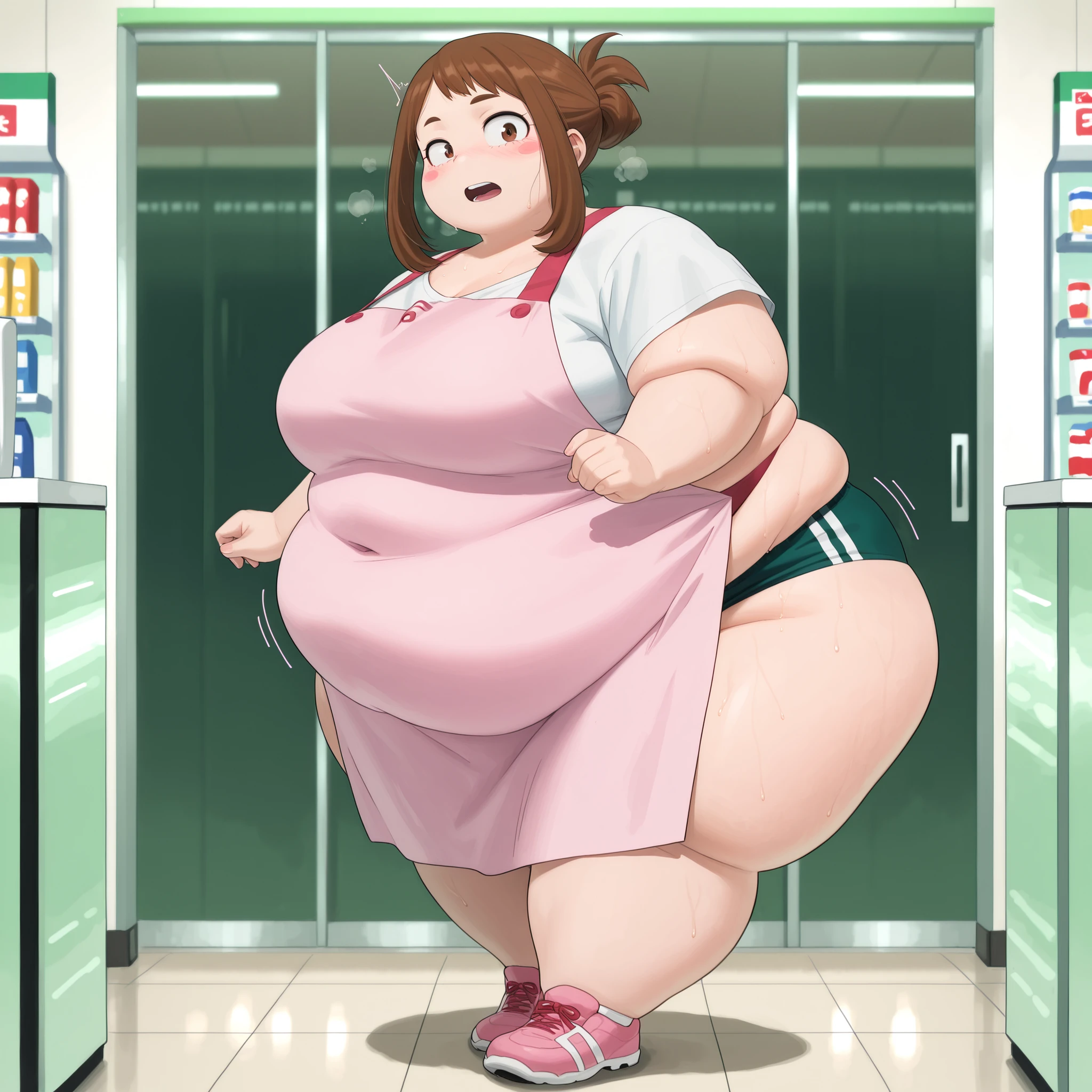 high resolution picture, masterpiece, best quality, amazing quality, official art, 1girl, Ochako Uraraka from My Hero Academia , ochako uraraka, brown eyes, brown hair, short hair, blush, blush stickers, medium breasts, source anime, anime coloring, BREAK (curvy), ponytail , indoors, convenience store, shop , sanpaku, apron, looking at viewer fat, chubby, obese, gigantic arms and legs, large breasts open mouth, out of breath, full body shot