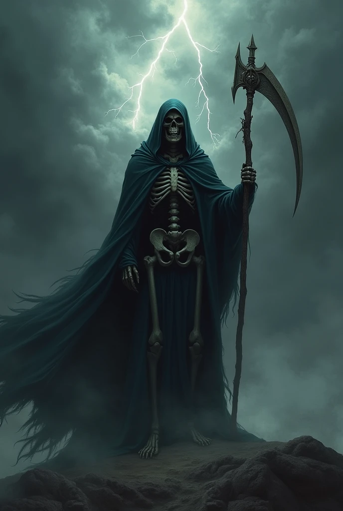 a grim reaper in a dark into the abyss and cinematic landscape, dramatic lighting, high contrast, moody atmosphere, detailed skeletal features, tattered black robe, scythe in hand, dramatic pose, stormy clouds, glowing eyes, ominous presence, (best quality,4k,8),dark fantasy,chiaroscuro,dramatic lighting,dramatic shadows,deep shadows,dark moody,gothic,cinematic composition