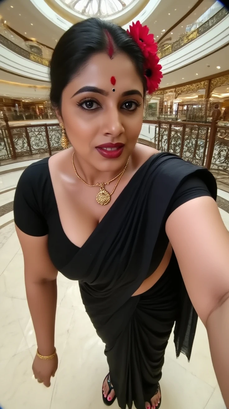 extreme close up photo of Indian goddess, hourglass figure, swooping breasts, deep cleavage, curvy, sitting royal pose on throne in temple, seductive eyes, sultry, French braid hair, black vintage saree, smile, necklace, (cinematic:1.3), intricate details, (ArtStation:1.2)