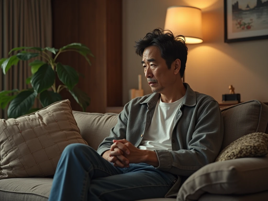 "Photorealistic, (wide angle, single figure only, indoors, sitting on a sofa), a middle-aged Japanese man, around 40 to 50 years old, sitting comfortably on an old-fashioned sofa inside a cozy living room, listening to music from a vintage radio placed nearby. He has a relaxed expression, dressed in casual clothing, the room is warmly lit with soft, ambient lighting, decorated with traditional Japanese elements, wooden furniture, and framed art on the walls. The atmosphere feels nostalgic and peaceful, with a slight glow coming from the radio. The man's face is detailed, showing signs of aging, adding to the hyper-realistic feel. 8k and 4k resolution."