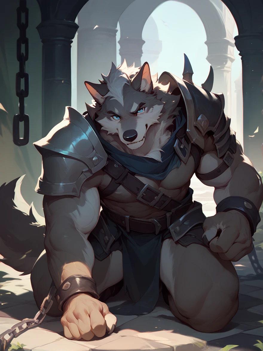 4K, high resolution, best qualityer, work of art, perfect colors, perfectly shadowed, perfect lighting, posted on e621, (by chunie), velues, anthropo, velues art, ((portraite)), male wolf, gray wolf, (two tone skin), hairy bodies, yellow  eyes, (seducing gaze:1.2), shapely body, perfect male figure, Wear men's boxing pants,Abdomen，musculature,skin detailed, face detailed, face perfect, (Get up), detailed back ground, ((Bonifasko Lighting)), wolf tail, (detailedeyes), perfect pupils