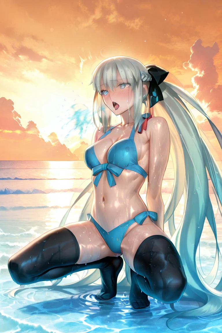 1girl in,I look away in embarrassment,（(((Angle from directly below))),(((From below))),(Emphasis on the crotch),(Crotch focus),((masutepiece)),((Best Quality)),(absurderes),(ultra-detailed small face),((Ultra-detailed eyes,ultra-intricate pupil in eyes)),(((skin dantation))),(illustratio)((ultra-detailed 5 fingers)),Beach,BREAK,Shiny skin,Shiny swimsuit,Cute,(Perfect human body composition),slim, smart,Sweat,Wet swimsuit, ((Blue sky,sunshine lighting on face)),(Azure, krystal,bright shimmering, endless ocean),Teenage,mournful, Silver hair,17 years old ,(((disproportionate-breasted))), Long hair, ((((white swimwear)))),,(((Crotch cloth shift))), ((Girl pulling crotch cloth in competition swimsuit) ,in water, White competitive swimsuit,(((Open your legs wide))),((((M-shaped legs)))),Sit up,