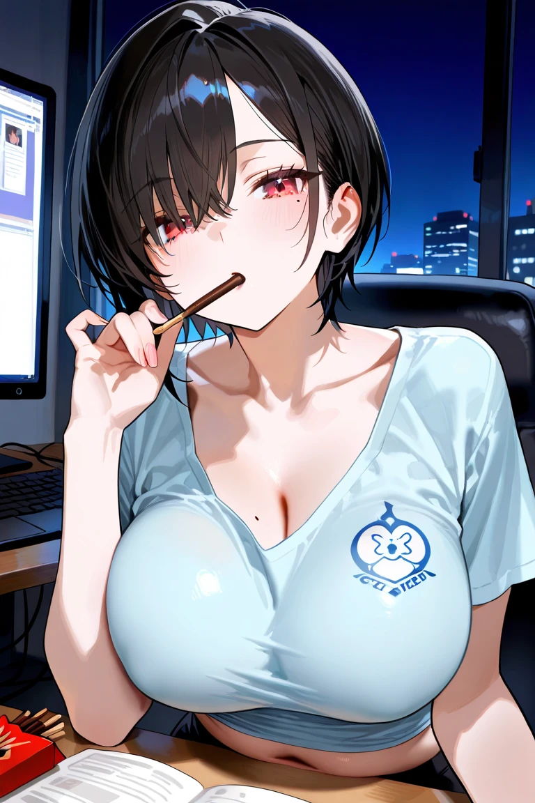 mature woman, mature face, hot face, glossy lips, (black hair, short hair, hime bangs), mature body, big breast, oversized t-shirt, magenta t-shirt, visible bra strip, lab coat, hotpants, lab