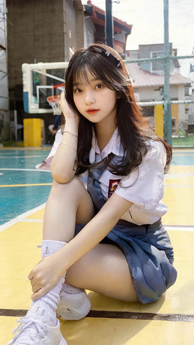 Japan pretty girl, (Real, Hi-Res: 1.4), 1 girl, (natural light), (more face, more hair, more skin), (middle chest), (open mouth: 1.1), big eyes, slender, leg, mid-waist, full body shot,(school uniform: 1.1),(black pantyhose),ponytail,(arms up:1.4),basement,