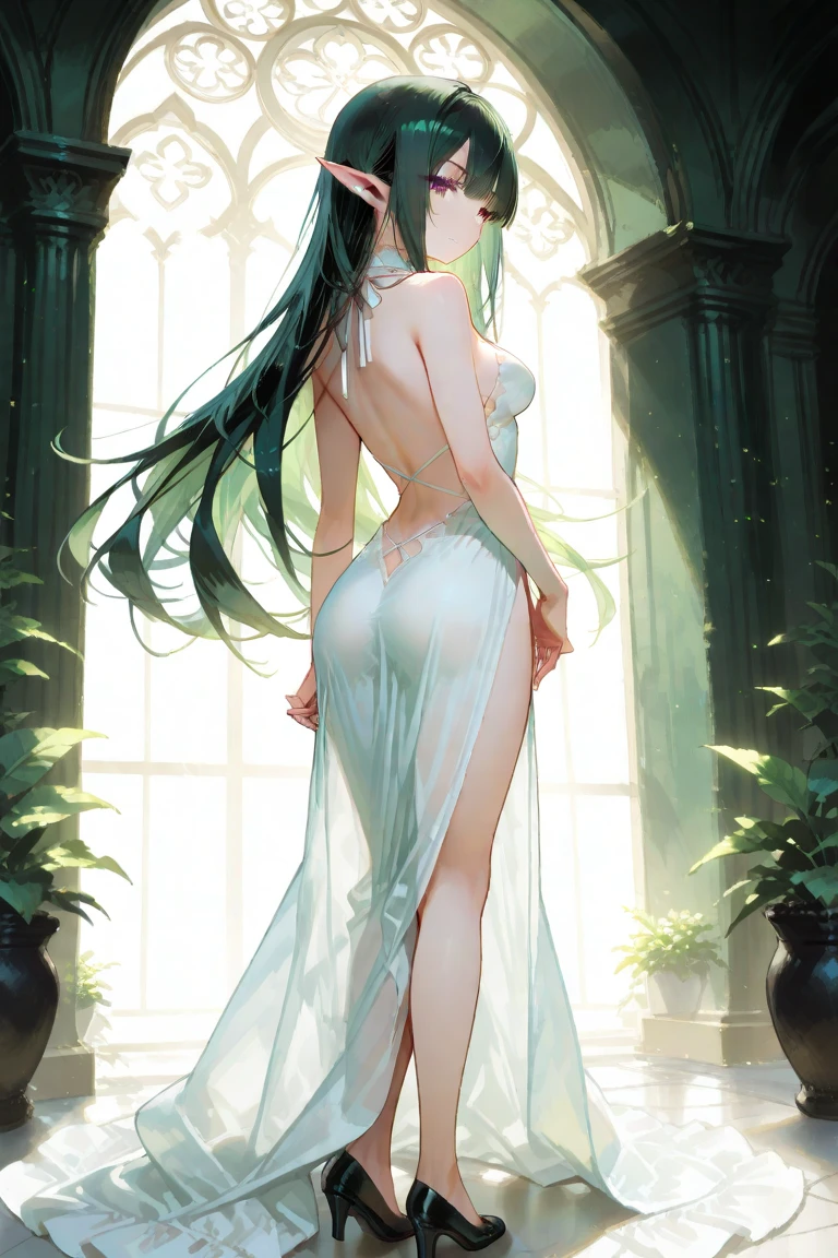 Within a dark cave with an opening at the top, zenithal lighting, bright plants gently illuminating the surroundings with a green hue, thick thighs, wide hips, mature female, (dramatic light:1.3), woman, hatsune miku, solo, dress, flower, long hair, white dress, twintails, very long hair, hol,detailed eyes, detaield hands, detailed face, elf woman, full body, wet,drops of water,wet