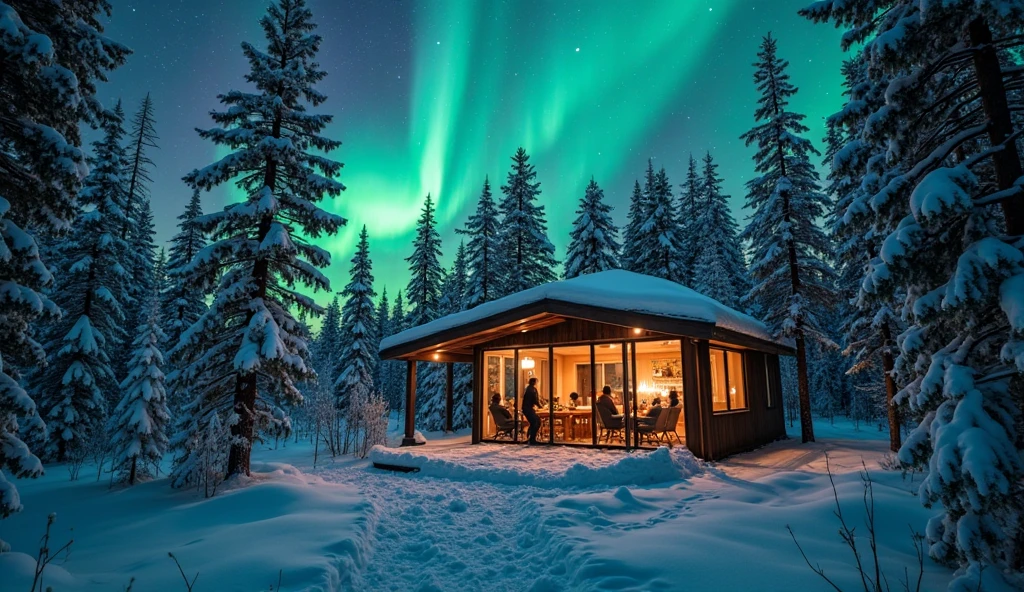 Deep in a snowy forest under northern lights, the glass walls of a ...