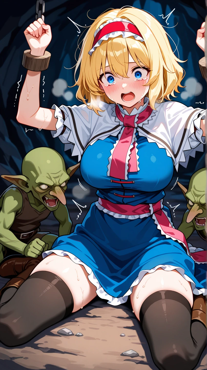 nsfw:1.5,1 mature female,Age 25,(A female dancer is surrounded and attacked by multiple goblins during a battle.),Goblin in heat,monster,(blush,Are crying:1.5、tears),((Torn Dress:1.5)),(Torn clothes:1.5)、Dynamic pose,Dynamic Angle,Micro Panties、Huge Breasts:1.5、((Overflowing Sex Fluids:1.2))、vagina、SEX、boss goblin、gang rape、(Moss green penis)、A male goblin in heat and erection、Goblin pulling clothes、Wide-open legs、Fuck from behind、Braid
