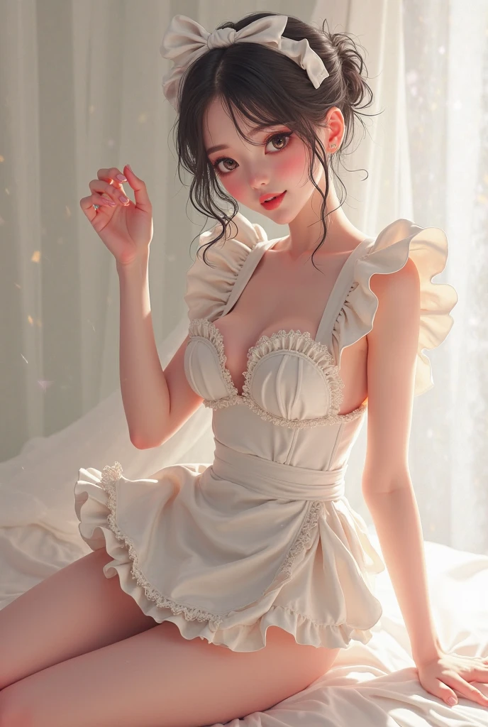 Brunette Chinese girl, bangs, pure looking, big eyes, small mouth, super fine painting, super short dress, rained, single dress, white slip dress light and full transparent, no chest sticker, no bra, no swimsuit, pink mark on the chest bulge, pink bump on the chest, wearing a single dress, vacuum, loose, strong contrast between chest light and dark, realistic, super realistic, photogenic, hands caught, clothes torn, exposed side breasts, exposed lower breasts, looking up at the camera, legs open, the seams between the legs are clearly visible, Thong full body shot, looking up at the camera