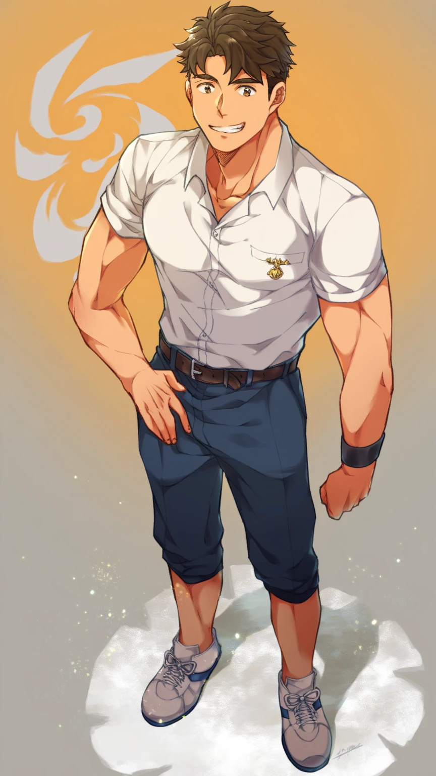 Handsome boy,White hair，Rabbit ears，Abdominal muscles，Slim body，He has warm brown eyes.，Stars background，White shorts，White socks，White sneakers，Black belt