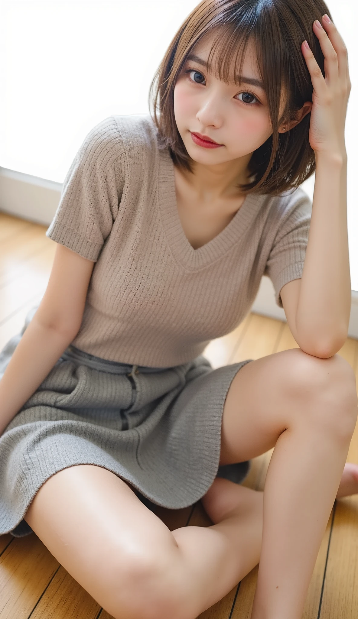 in 8K,Best Quality:1.4, 超A high resolution:1.5, (Photorealistic:1.4),masterpiece:1.2,(top-quality:1.4)、 Raw photo、(the background is blurred), aquariums、FULL BODYSHOT:1.5、 1 Japanese girl, Cute, (Solo), (Shy smile), Smooth skin、(30-years old:1.4)、to stand、Check miniskirt、Cute mini skirt、 (Brown medium hair,Bangs), (touch hair:1.4)、nogizaka、cute little、Supple fingertips,Beautiful black eyes、natural skin textures:1.3, realistic eyes and face details:1.7、middlebreasts、gazing at viewer、beauty legs、autumnal、long-sleeve、fish tank