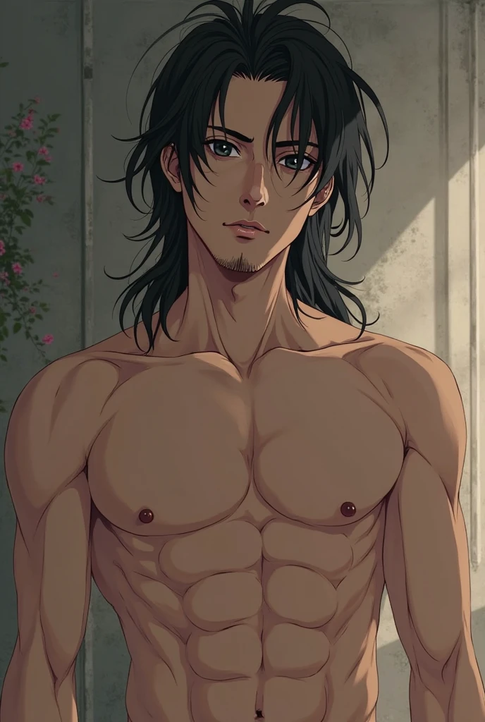 Brown skinned man, no top,abs, Thirst trap, thirst trap pose, yandere look, yandere expression, Black hair