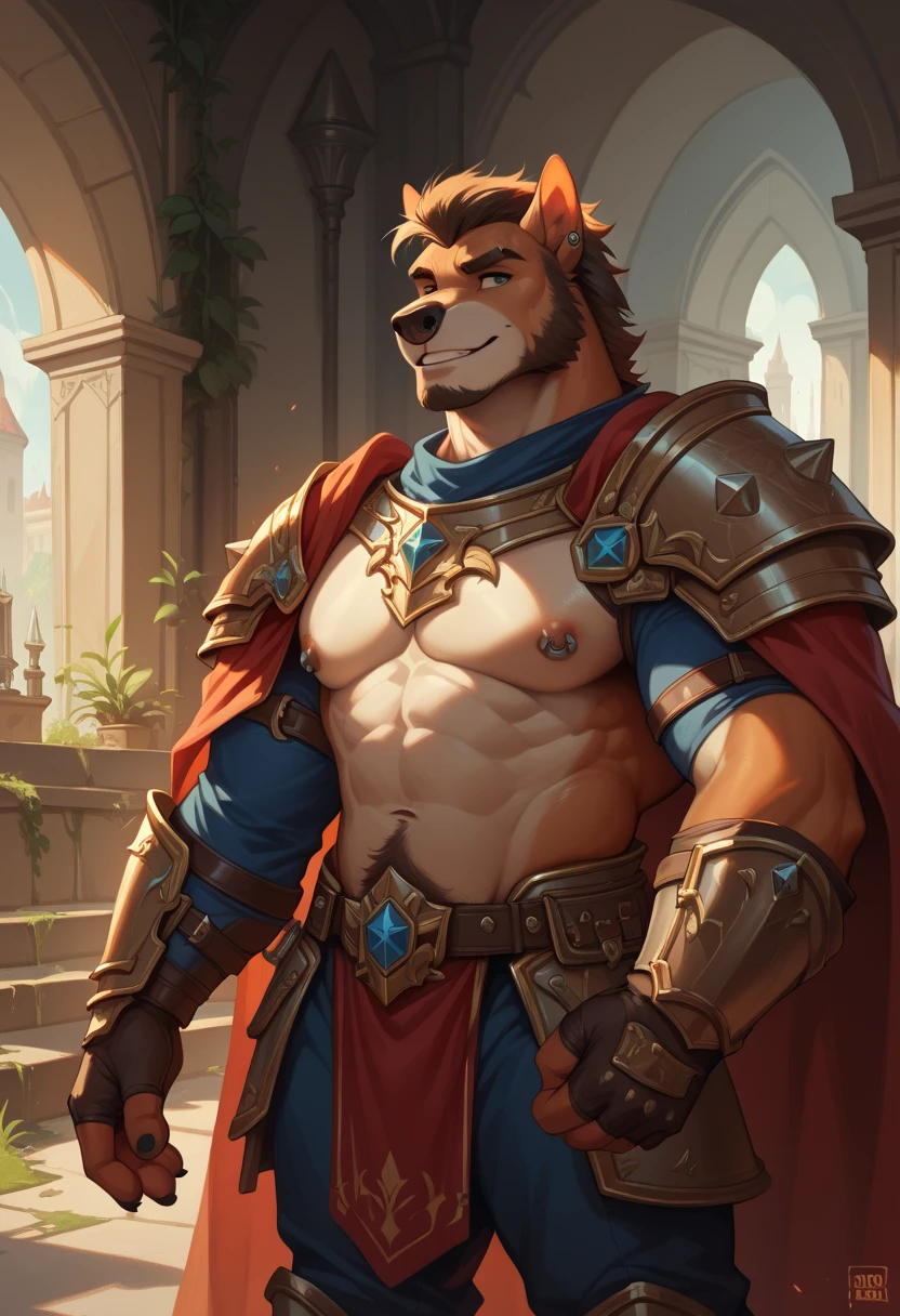 simba, a furry lion, furry, shirtless, muscular, male, masculine, red hair, yellowish fur, green eyes, hands up behind head, red hairy armpits, cartoony, illustration, sharp focus, smooth colors, short length hair, two blogs haircut, young guy, topless, big pecs, alone, single, smooth lining, young guy, youth, pauldrons, lower armor, knight dark silver armor, red torned fabric cape, outdoor, castle, hill, dawn