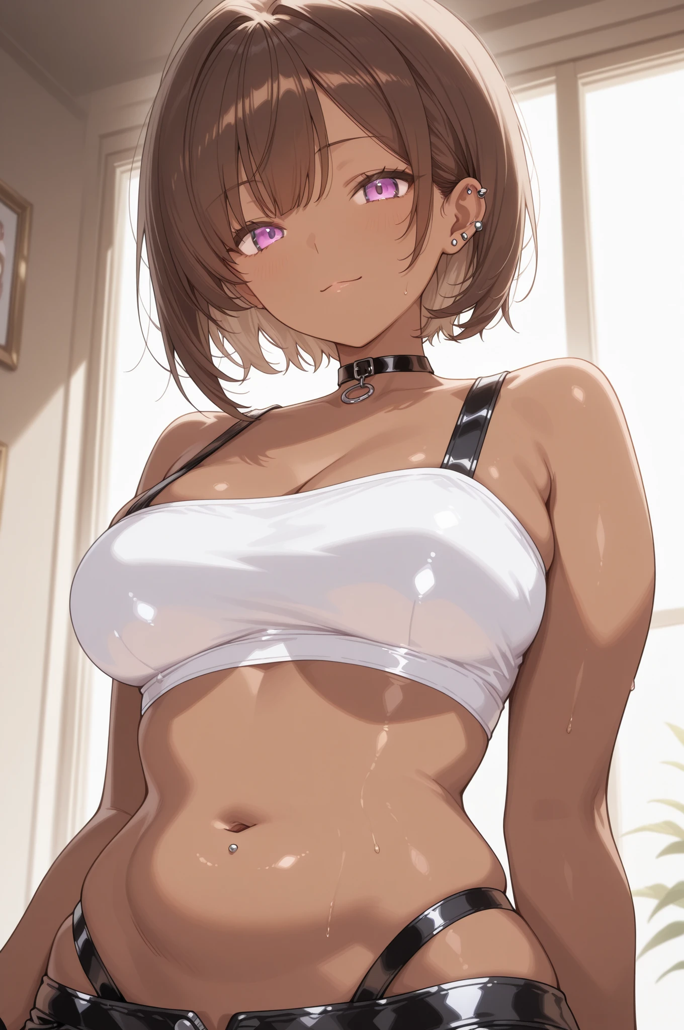 masterpiece, best quality, agens tachyon \(umamusume\), solo, cowboy shot, horse girl, horse tail, brown hair, red eyes, gray banded ribby one piece swimsuit with side cutout, 1girl, solo, jewelry, necklace, one-piece swimsuit, swimsuit, Swimsuit with wide open chest, head out of frame, brown hair, Wide pelvis, scrawny:1.7, Big breasts, Large breasts, Erect nipples, Vagina line, Cameltoe, swimsuit, beautiful face, Full body standing, (Semen overflowing from the cleavage), (((A large amount of semen attached to the whole body))), ((Grabbing with breasts hands)), Get blush,