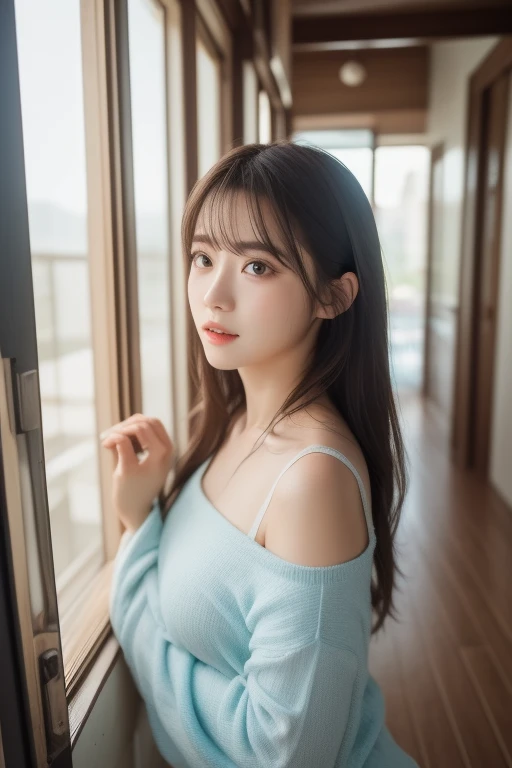 masutepiece, Best Quality, Illustration, Ultra-detailed, finely detail, hight resolution, 8K Wallpaper, Perfect dynamic composition, Beautiful detailed eyes, doress, short Hair, mid-, Natural Color Lip, Random and  poses,Smile, Blurred night pool background、20 years girl、Colossal 、Too much exposure、No shoulder knitwear（white）、Exposing the 、Slid、I keep my hair tied up