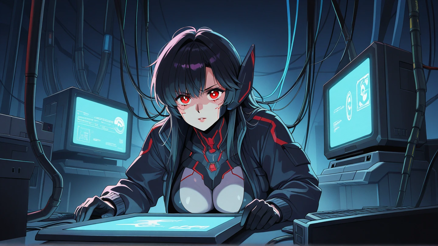 elster, black hair ,robot joints, blue eyes, looking at viewer, short hair, frameless glasses,
black and red bodysuit, armor, cleavage cutout, large breasts, blush, puffy nipples,
upper body, solo, sitting, large breasts, covered covered nipples, leaning back,
space station, indoors, dark, cyberpunk, red lights,
(insanely detailed, beautiful detailed face,beautiful detailed eyes, masterpiece, best quality)
<lora:elster:0.8>