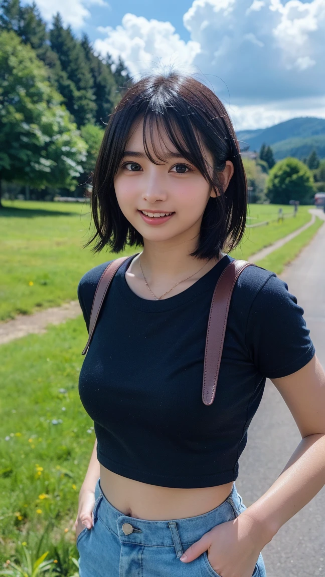 ((Highest quality)), ((masterpiece)), (detailed),13 years old,Girl,nude,(Blue Eyes),smile,Mountain trail,stroll,Backpack,Small breasts,Bob Hair,(See-through),(Upper Body),naked,
