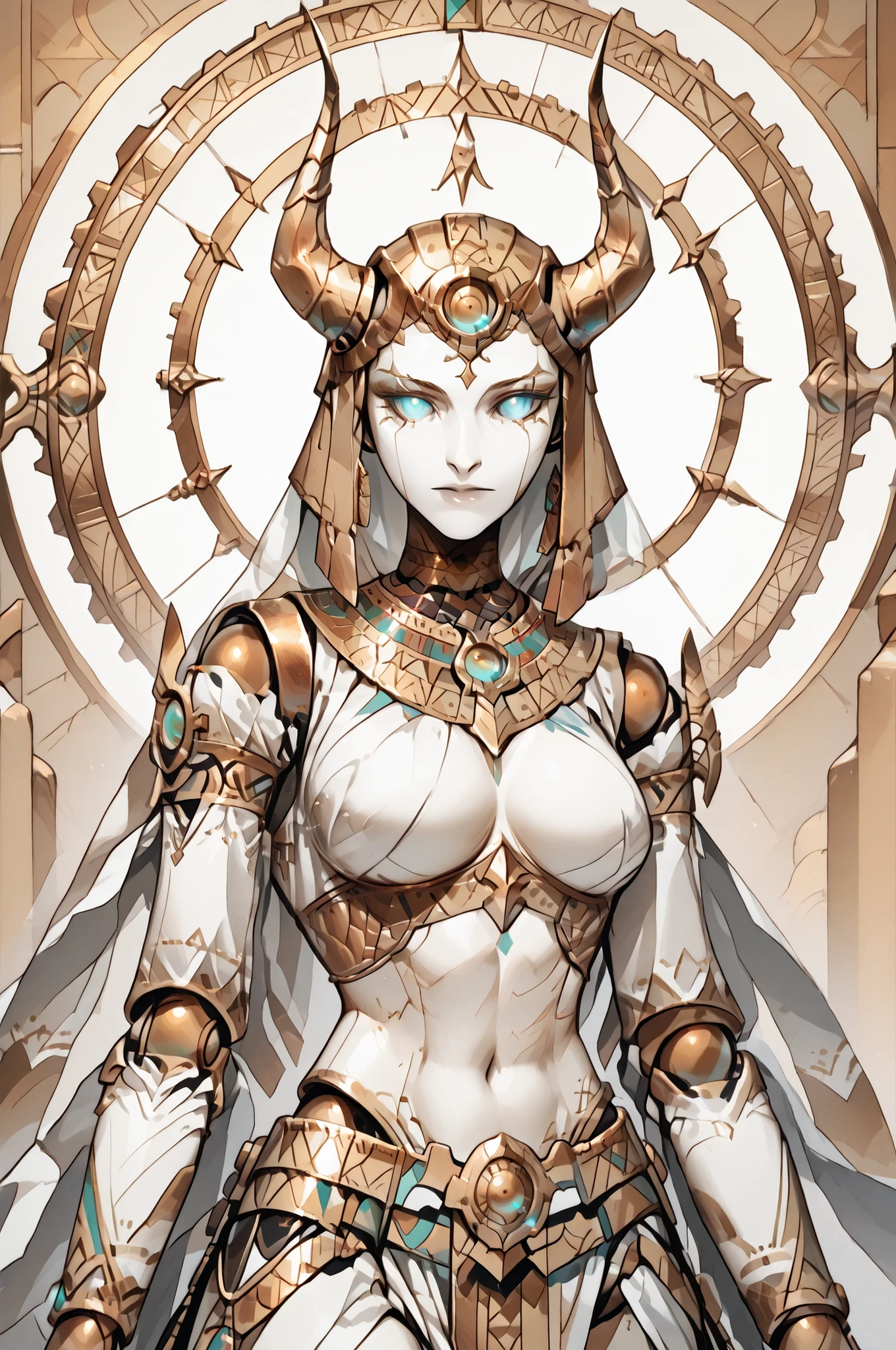 A magnificent and mythical humanoid figure is captured in an intricate and dynamic pose, reminiscent of a futuristic gargoyle or a legendary creature. This character possesses a striking blend of ornate armor and organic features, merging artistry with a sense of formidable power. Its body, predominantly black with a glossy sheen, is accentuated by intricate gold embellishments that trace decorative patterns across its surface. Glowing cyan highlights add a touch of otherworldly energy, emphasizing joints and contours with a neon-like radiance.
The head is adorned with an elaborate, golden headdress featuring curving horns and stylized motifs, evoking ancient Egyptian or Mayan influences. Almond-shaped, luminescent eyes suggest intelligence and mysticism. The figure crouches on metallic claws, poised for movement, while its massive, wing-like structures extend upward, showcasing smooth, wing-like curves edged with golden filigree. The muted background, a swirl of neutral grays, serves to highlight the detailed and vivid central figure, lending an air of timelessness and fantasy.