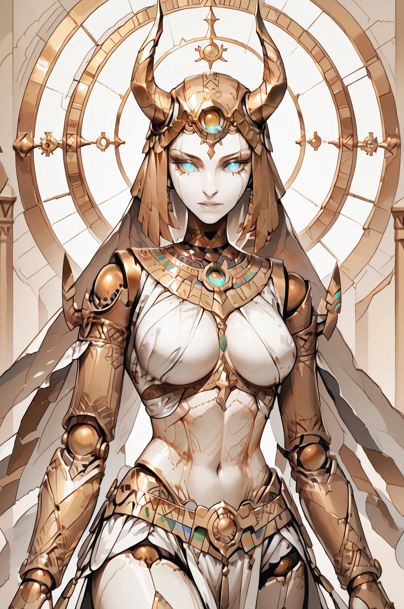 A magnificent and mythical humanoid figure is captured in an intricate and dynamic pose, reminiscent of a futuristic gargoyle or a legendary creature. This character possesses a striking blend of ornate armor and organic features, merging artistry with a sense of formidable power. Its body, predominantly black with a glossy sheen, is accentuated by intricate gold embellishments that trace decorative patterns across its surface. Glowing cyan highlights add a touch of otherworldly energy, emphasizing joints and contours with a neon-like radiance.
The head is adorned with an elaborate, golden headdress featuring curving horns and stylized motifs, evoking ancient Egyptian or Mayan influences. Almond-shaped, luminescent eyes suggest intelligence and mysticism. The figure crouches on metallic claws, poised for movement, while its massive, wing-like structures extend upward, showcasing smooth, wing-like curves edged with golden filigree. The muted background, a swirl of neutral grays, serves to highlight the detailed and vivid central figure, lending an air of timelessness and fantasy.