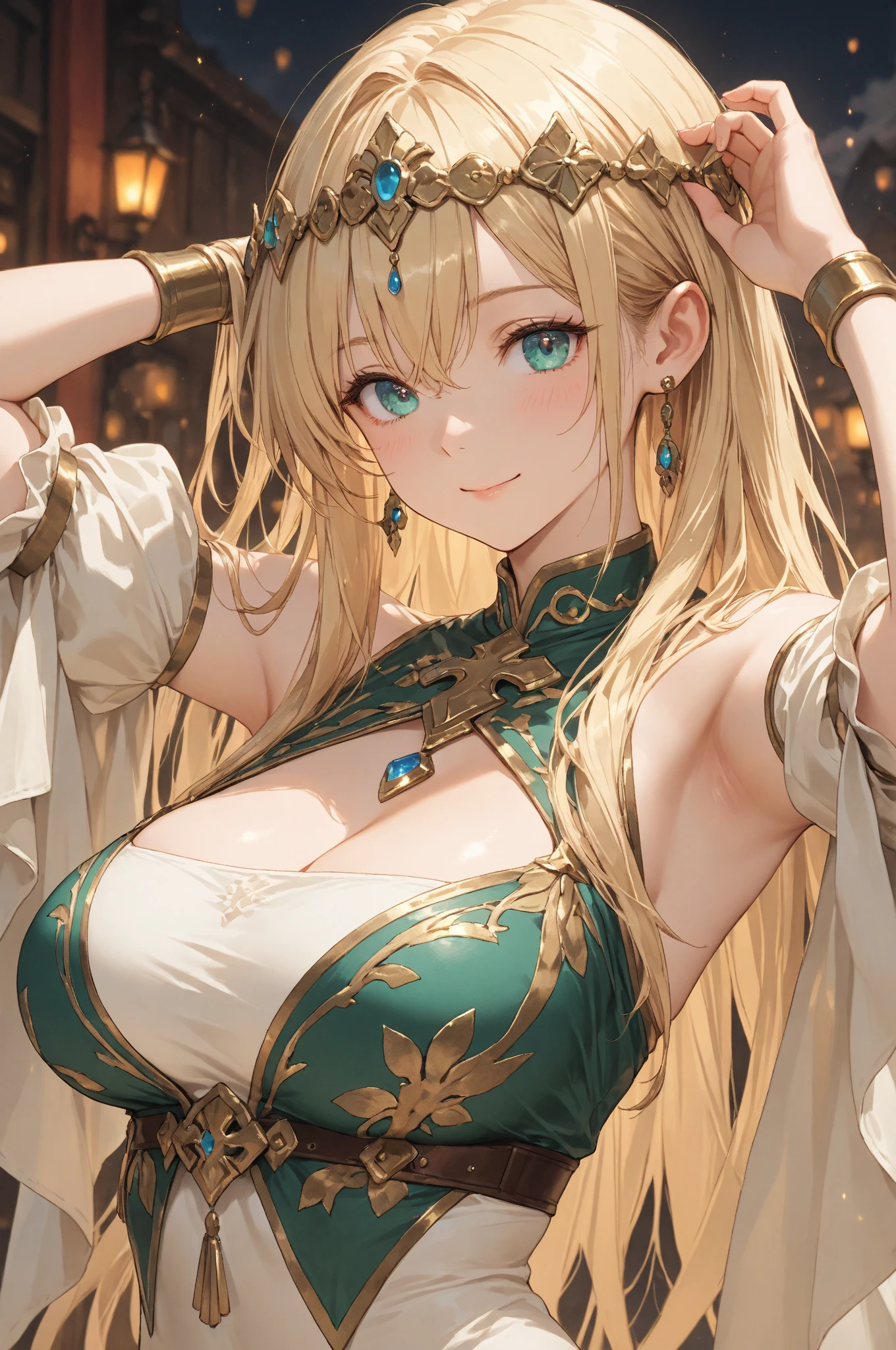 ((masterpiece)), (textured skin), ((high details)), best quality, award winning, 8k, beautiful woman, silk dress, Noble, princess, queen, blonde, half updo, hair flaps, jewelry tiara, crystal earrings, Sharp focus A beautiful woman with perfect body, Slim abdomen, light brown hair, shiny hair, low twintails, starry skies, green emerald ring