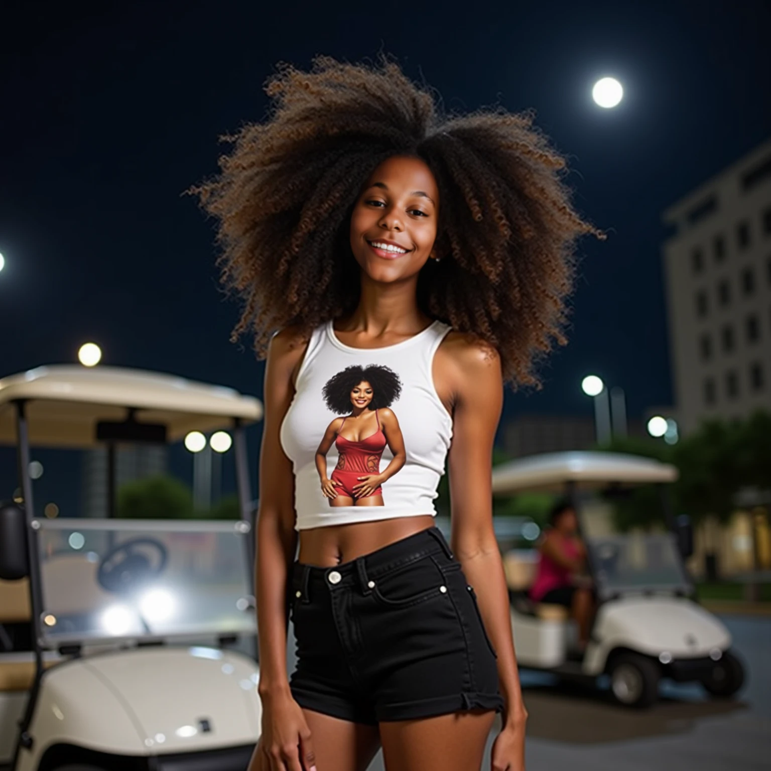 (Masterpiece: 1.3), (8k, Photorealistic, Photo RAW, Best quality: 1.4), (UHD), (Ultra high realism), (Ultra high definition), (Ultra high detail), (Increase contrast), (Increase saturation), (Hyperrealistic: 1.3), (((1girl:1.3))), A pretty woman, ((20 years old)), with a perfect figure: 1. 4, Cute face, Beautiful face, (Realistic face), (first_person_view), solo_full body,long-focus, ((seductive smile)), Beautiful hairstyle, Realistic Bright Bright Light Green Eyes, Beautiful details, (Realistic skin), Attractive, Ultra high definition, Ultra realistic, Very detailed, (Large breasts: 1.3), (Cleavage: 0.8), Dark-skinned African-American woman, ((Pose: Sitting in the driver's seat, with both hands relaxed in 10 o'clock and 2 o'clock position on the steering wheel of a car ((Cadillac El Dorado)), has gaze lost in the road with thoughtful expression. Hair and clothes moving in the breeze as he drives)), the background is a Sunset on a country road with trees on the sides, (Hair in long curly dreadlocks to waist length black, large breasts: 1.3), (Neckline), Wearing small gold hoop earrings, Natural make-up and nude nails, ((Slender figure: 1. 2)), (Toned waist), firm and curvaceous buttocks, ((body measurements: 1.68 meters tall and the ratio of bust, weight and waist and hip measurements 99 x 63 x 91 cm)), ((plunging neckline)), ((Short-sleeved floral print blouse, denim shorts ripped at the thighs, a red scarf tied around her neck and brown ballerinas)), shot with Canon EF 50mm f/1 lens. 2L for soft bokeh and accurate focus on the face, photorealistic, 4k, 8k, HQ, (film grain: 1.3), 8k UHD, DSLR, soft lighting, high quality, HDRI, Canon EOS 5D Mark IV
