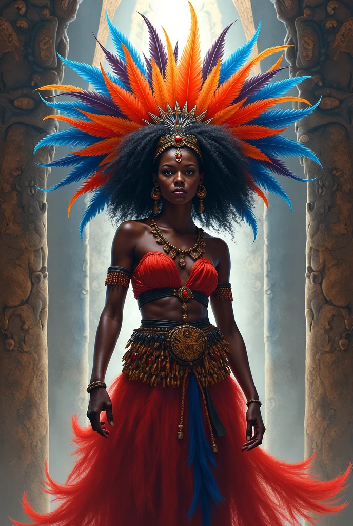 Iansã, African warrior queen, flowing beauty, flowing orange and red robes, beautiful, lightning and thunder in the background, whip in hand, imposing, determined, a buffalo at her side, bodies with traditional African paintings with specific ritualistic symbols and patterns as used in the Odwira festival. Mystical mythological style, power and magic, high quality, photorealistic, cinematic, 8k, intricate details, Afrofuturistic masterpiece
