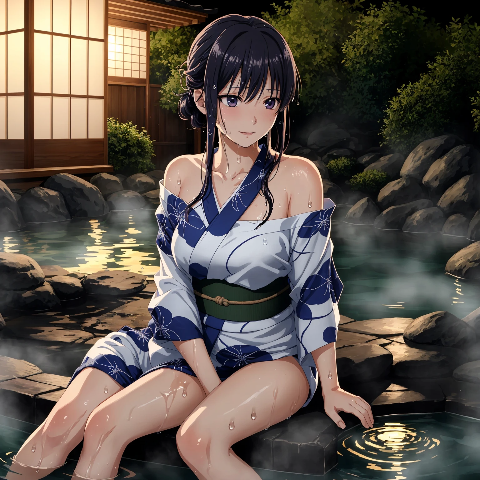 Score 9, Score 8 up, Score 7 up, The rating is questionable,
Detailed Background,
Mokuren, all of,
Wide Hips, Shiny skin,
A slight blush, Half-closed eyes,
sit, look back, A light smile,
hot spring, spa, vapor, kimono, Fishnet tights, , Off the shoulder,