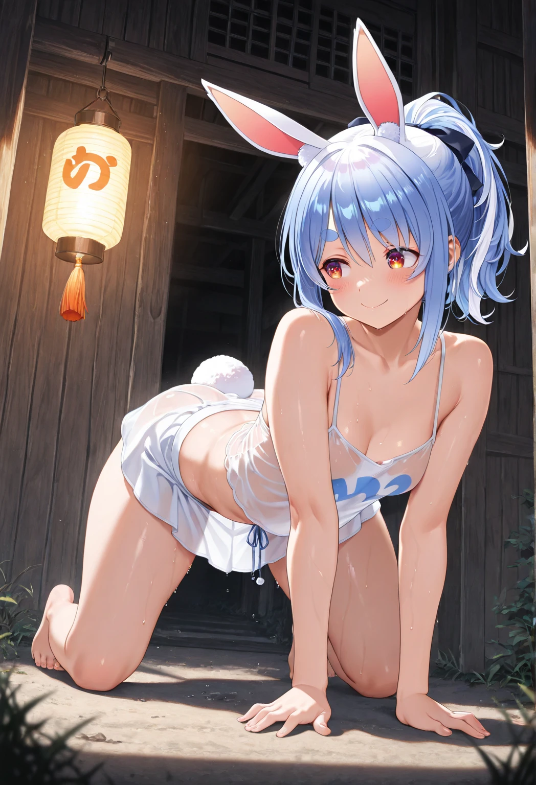 a close up of a lop ears rabbit lying down , 1girl, animal ears, solo, thighhighs, breasts, tail, hair ornament, shoulder cutout, :3, ahoge, v, (score_9,score_8_up,score_7_up), ncaaoo33,  cute girl ,lop rabbit ears,medium hair,blue cute girl ,lop rabbit ears,blue hair,ahoge ,straight_hair ,crossed_bangs,blue eyes ,nude,on the bed,outside