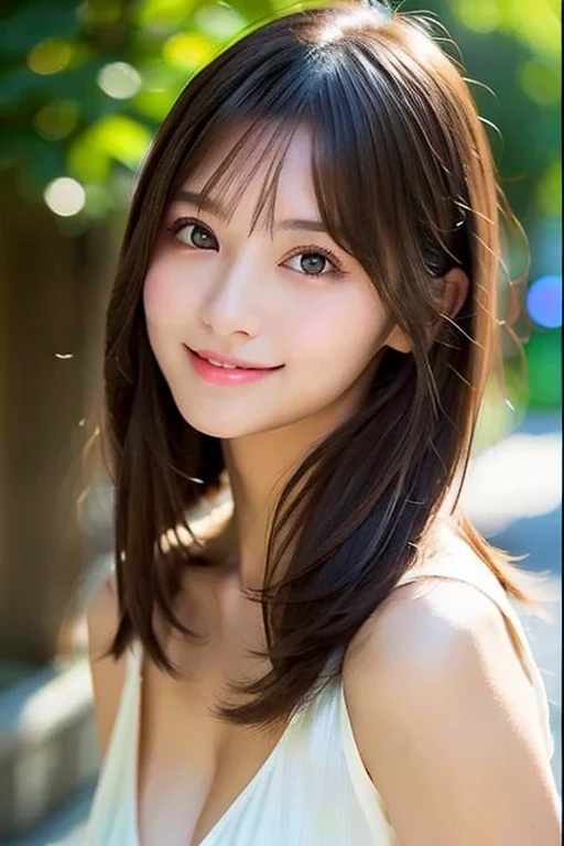 masterpiece、one beautiful women、A detailed face、A detailed eye、Detailed skin、top-quality、japanes、Illuminated from the front with bright lighting、profetional lighting、Facing straight ahead、The background is a little blurry、The background is the cityscape of London(on a bridge)、a smile、Brown hair、short-hair、Cold season、The weather is a little foggy、24 year old、Portrait wind、The costume is a punk T-shirt、