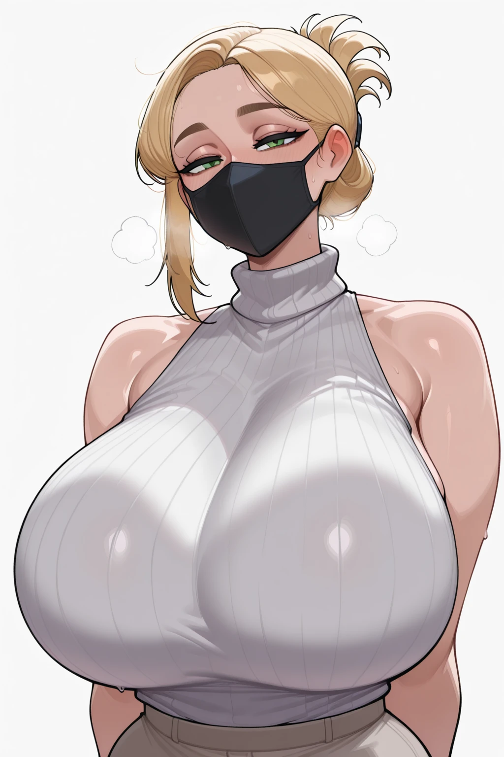 A women, gagged, hot temperature, sweaty, (cleavage),big and curvy chest , beautiful , checks turning red , blushing ,big vagina and breast,(camera angle - full body , head to toe  image ) big pussy, huge  , humiliation , topless ,big butt and thigh , wearing panties , blind folded by cloth 