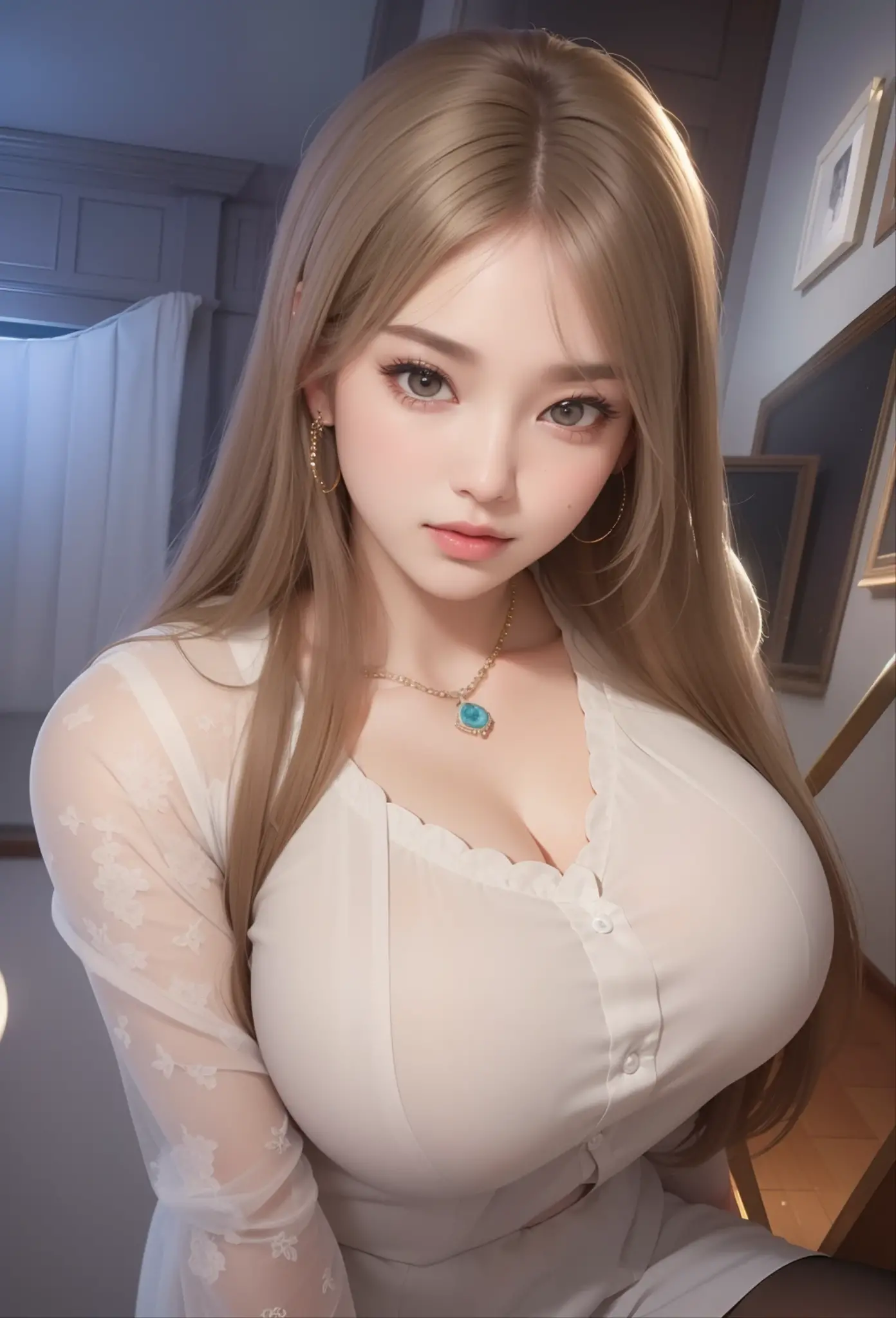 Beautiful big breastokeh), indoors, detailed luxury living room, gentle and charming beautiful goddess, Korean(kpop-idol), solo, , necklace, (blonde hair, blue eyes, short hair), oval face, double eyelids, smart, good hands, good feet, Natural, (from below angle), (glossy skin:1.05), ((low angle)), Perfect figure, (64k, UHD, RAW photo, best quality, masterpiece:1.4), (realistic, photo-realistic:1.37), ultra high res, photon mapping, radiosity, physically-based rendering, professional soft lighting