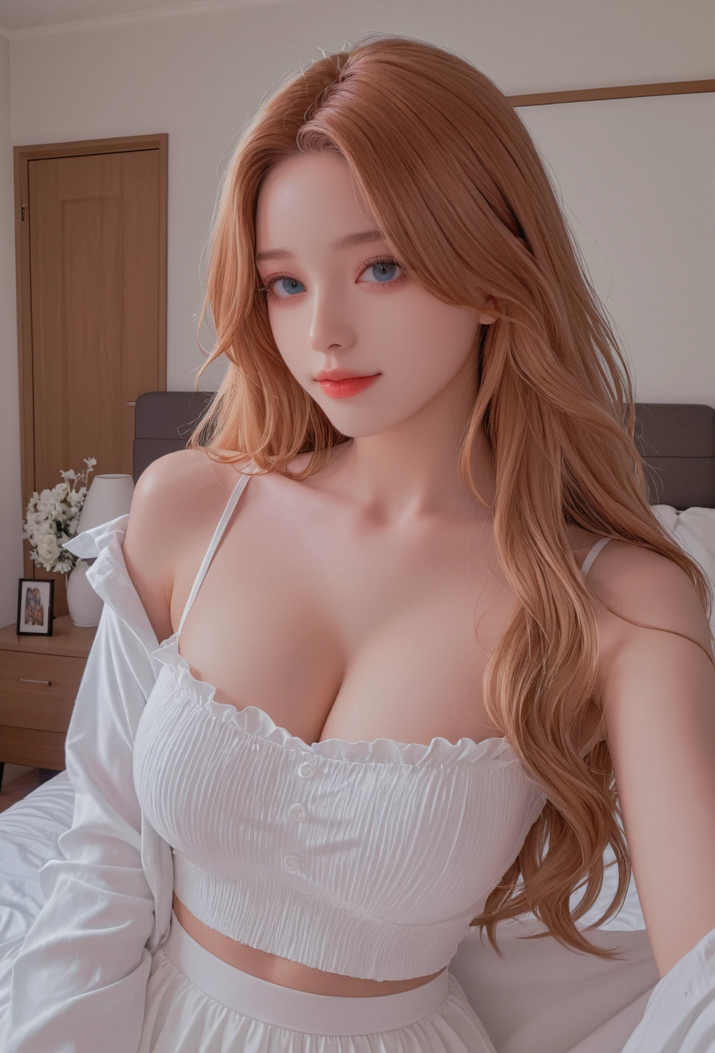 curvy woman with red hair lying on a bed with a white sheet, realista artstyle, realista anime 3 d style, estilo de realismo de anime, realista. Cheng Yi, made with anime painter studio, realism art style, obras de arte no estilo de guweiz, photorealista!!!!!!! Estilo de arte, in the Estilo de arte of bowater, painted in anime painter studio
