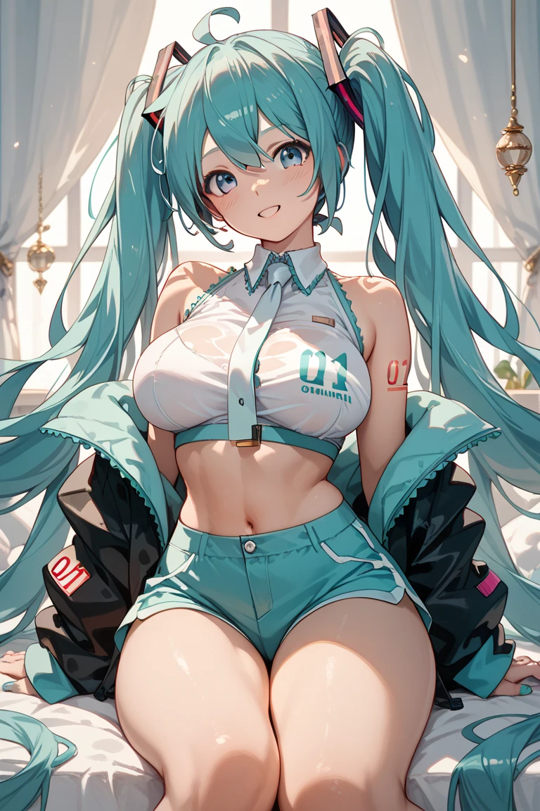 thicc,((nsfw)) faruzan,long hair,((hair is a turquoise gradient)),multicolored eyes, gradient eyes, mascara, (fashion make up), hair ornament, twintails, x hair ornament, jewelry, bracelet, ((school, technology room, Lying on the desk,plants)),wallpaper, school skirt,full body, huge tits,