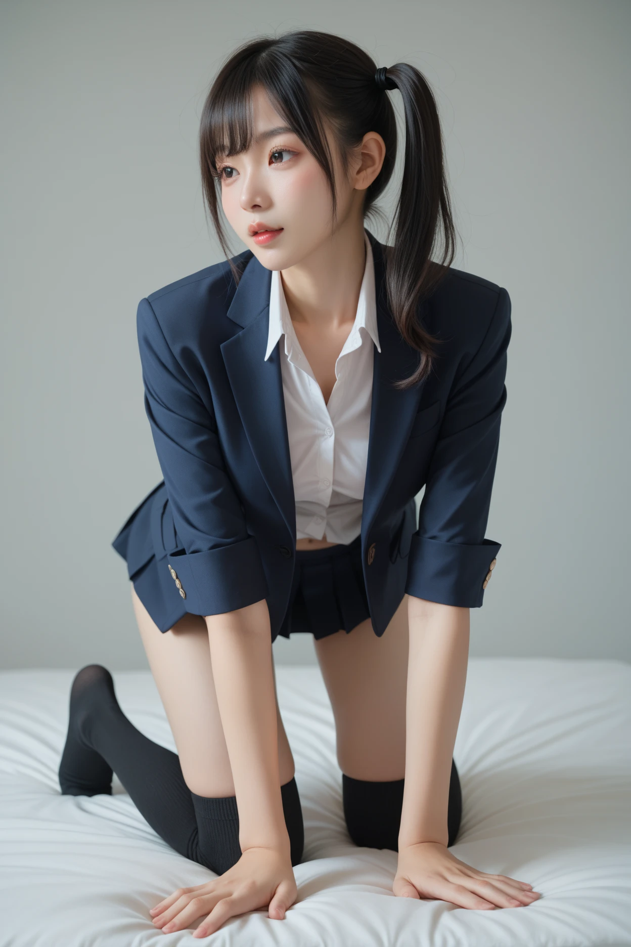 Super fine、8k、muste piece、(RAW photo:1.4)、High resolution、((Composition away from the subject))、((Full body photo from face to ankles))、((perfect anatomy))、detailed skin、glowing skin、double eyelid、long eyelashes、Moist eyes、natural makeup、baby face、small face、smile、open your mouth、face forward、((Bend one knee and squat down))、Residential area in the morning、Realistic、14-year-old female junior high school student、I was waiting alone、Hang your school bag on your shoulder、(、slender and delicate body、small breasts)、Blazer Uniform、girls school uniform、Ribbon tie、plaid skirt、Full body Esbian、young female teenager、black tights、black tights、Black Knee High Socks、(brown loafers leather shoes)、brown loafers、full body shot、Emphasizes the very slender leg line、(five fingers)、(It&#39;s not a malformation)