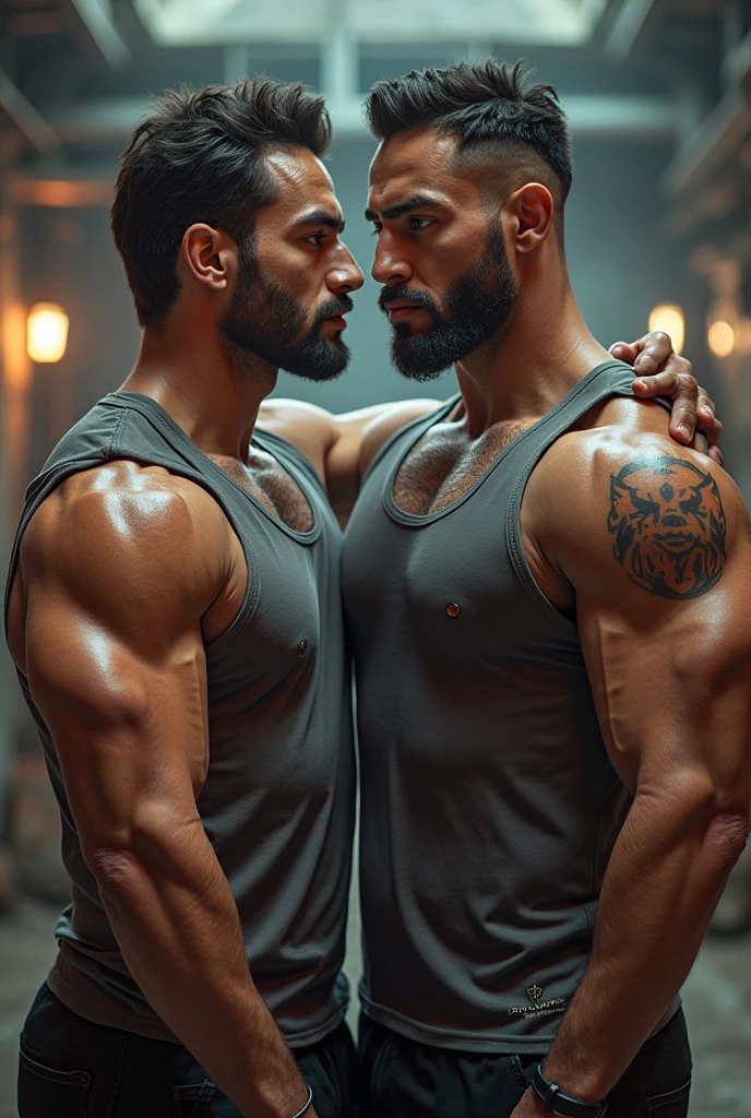 Pehlwan man Indian Gurjar gay couple sucking chest licking chest with big shinning eyes big lips wide jawline beautiful hunk face spiky black hairstyle, seductive kissing in office