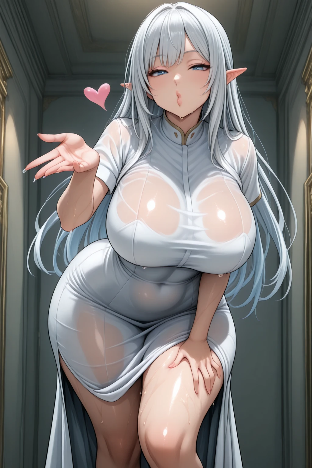 1 girl, white hair in twintails, blue eyes, lacy underwear , (super gigantic breasts),(huge areolae),(gigantic nipples),(dripping nipples lactation:1.3), massive ass, huge ass, gigantic ass, bubble butt, Brazilian butt lift, jello ass, bottom heavy, huge thighs, wide hips, presenting ass
