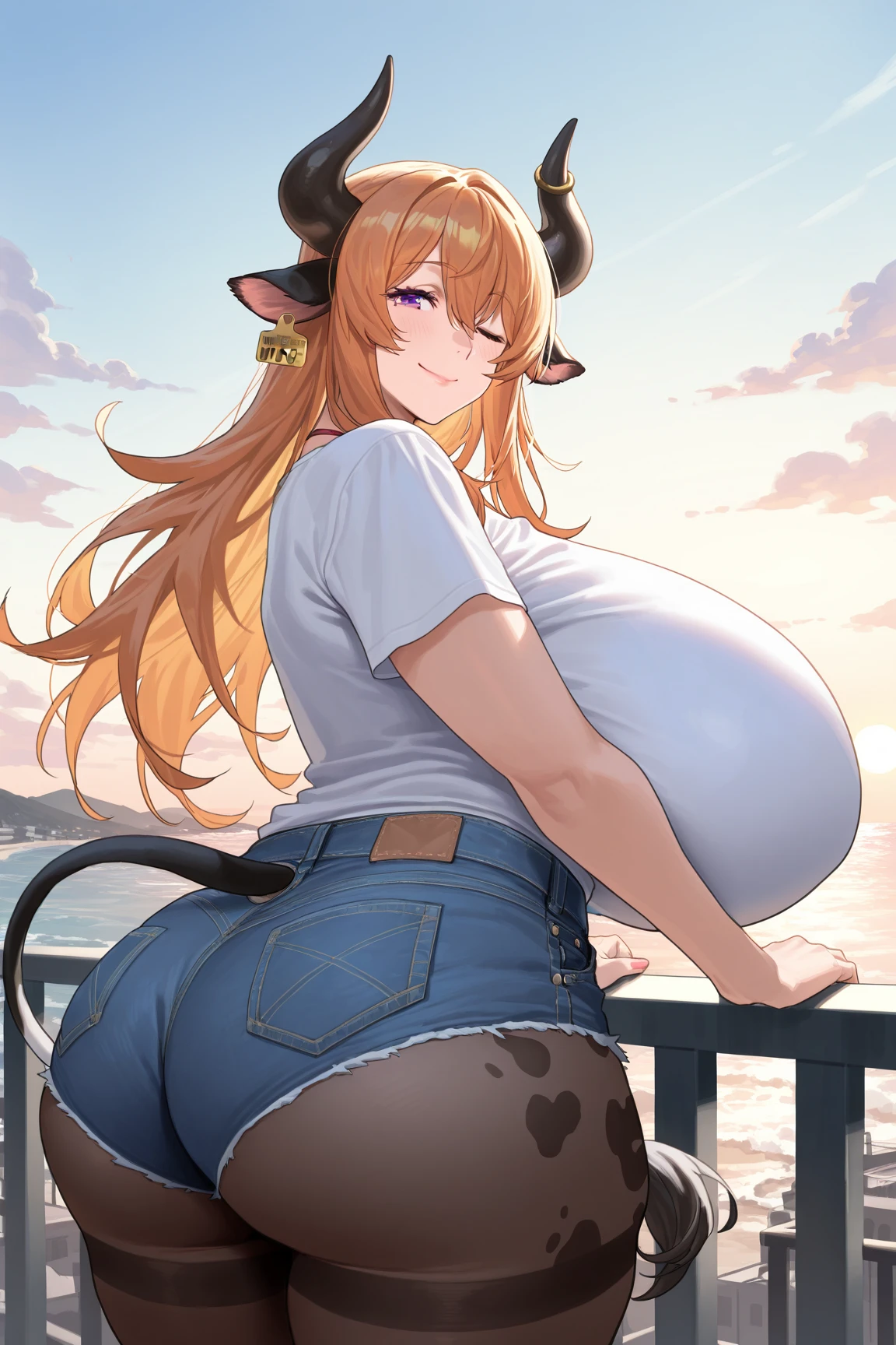 masterpiece, best quality, cute eyes, 1girl, solo, blush, curvy, show off ass, look down, (gigantic breasts), huge breasts, thick thighs, huge ass, gigantic ass, huge hips, gigantic hips, wide hips, from behind, from below, looking down, lying, on back, animal ears, taur ears, long hair, taur horns, horns, Wind, (cow girl:1.5), put on a cowbell, (steam:1.2), (sweat:1.2), (very happy face:1.3), Heart shaped pupils, love effect