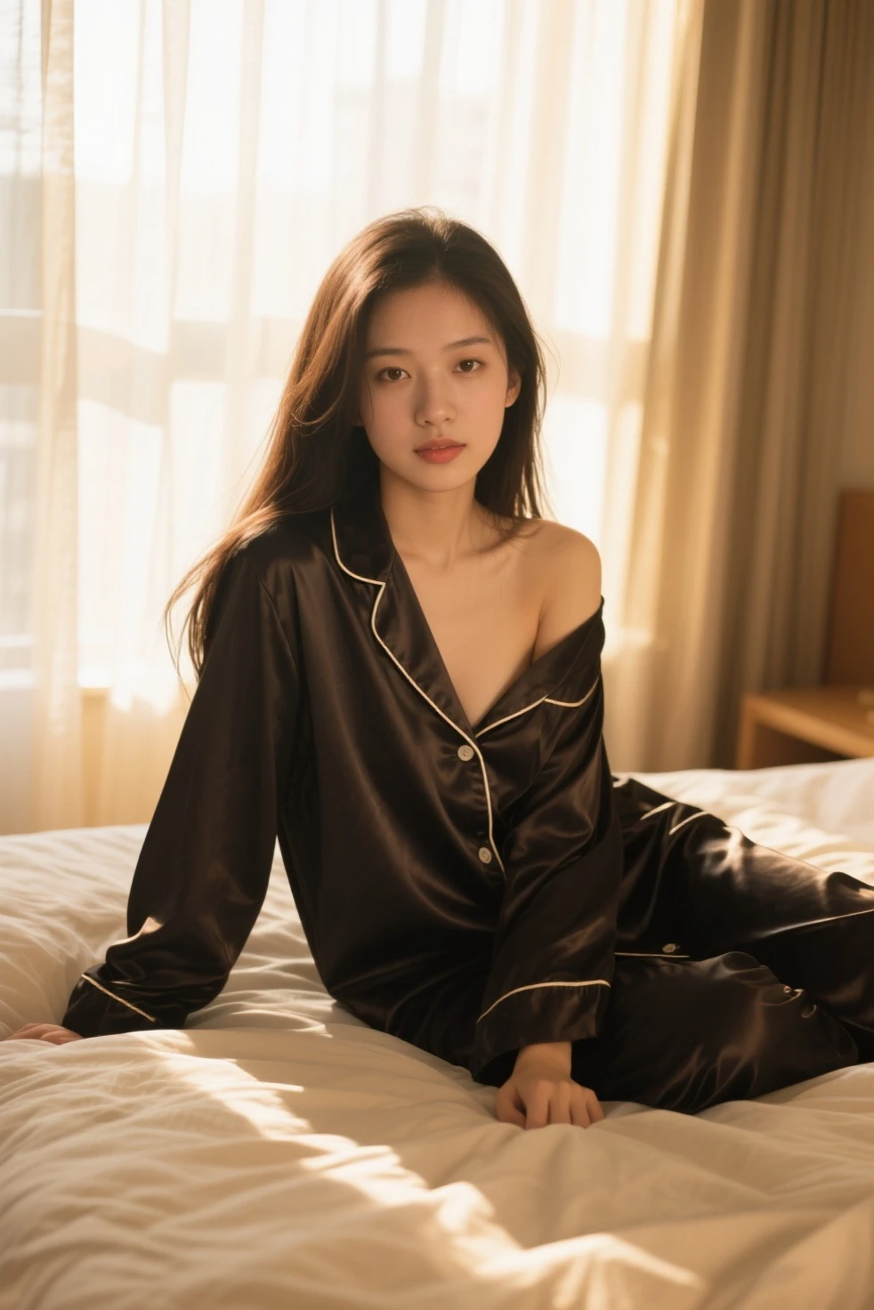 (Female: 1.2), (Large breasts: 1.2), (5 thumbs), (Right ring diamond ring), (Dark brown mullet head), (ponytail), (Brown eyes), (Translucent yellow low-cut pajamas), (Exposed breasts), (Bathroom), (Long legs), Early morning, Sweaty, Full body, Masterpiece, Realism