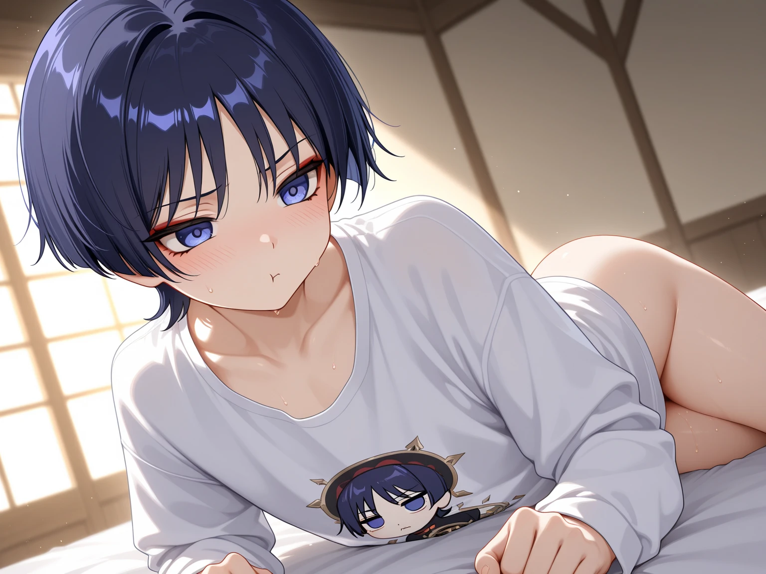 An image of a man and woman having sex with their faces cut off、Dark blue-green hair、Bobcut、Red Eye、2 people、Adult、No clothes、Cuckold、20-year-old women、pixiv、