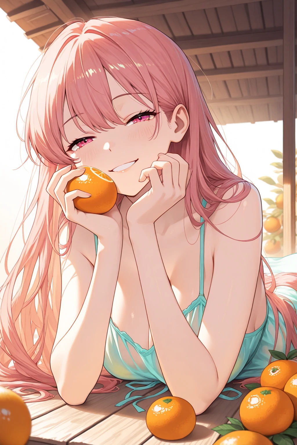 (masterpiece, best quality:1.2), 1 girl, alone,permanent_,
Mandarin oranges, long hair,Black无袖短背心,pink skirt,Black