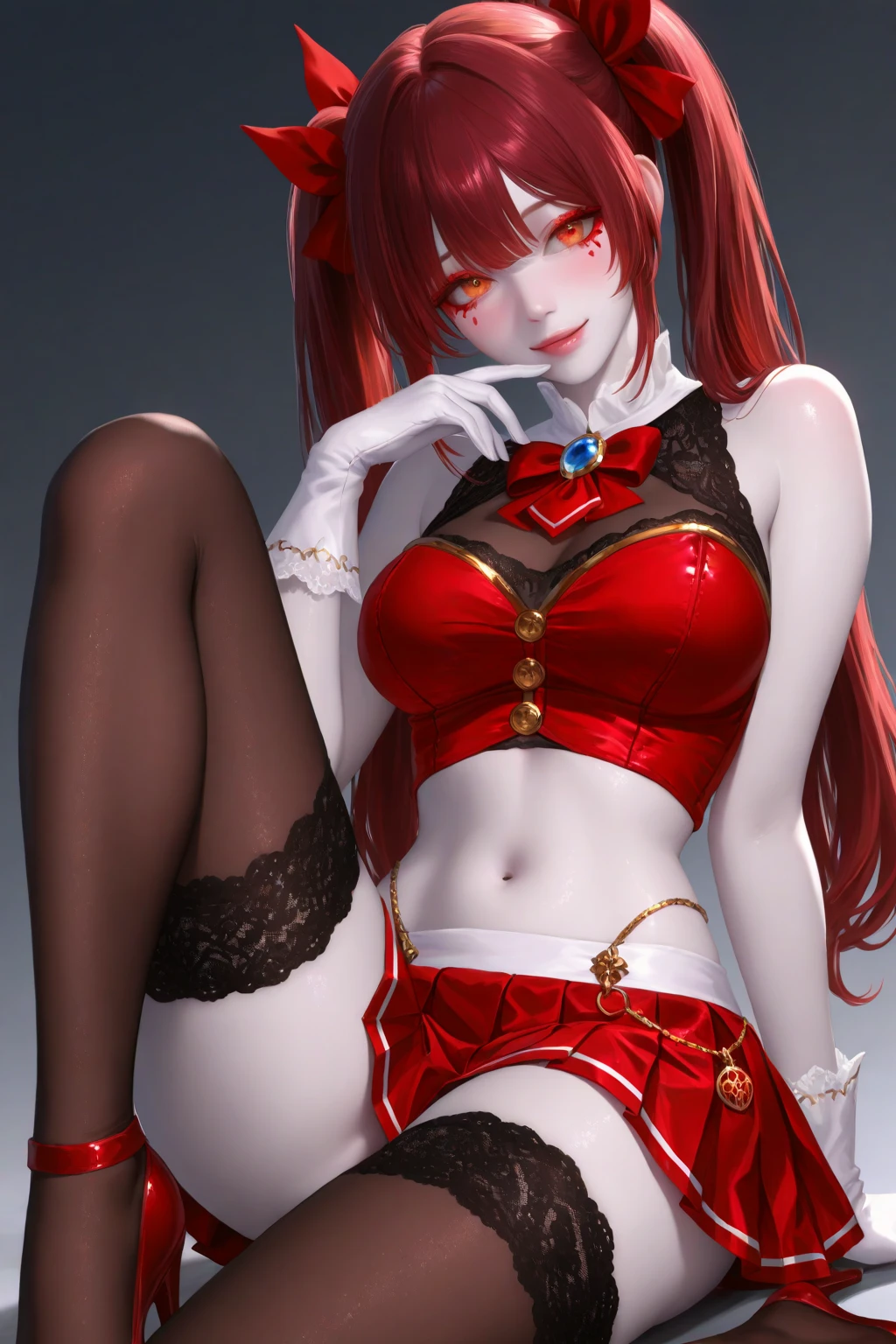 nurse,young gravure idol, pose, on top of bed, red hair, young, uniform, sexy, lingerie, belly button, sweat, black hair