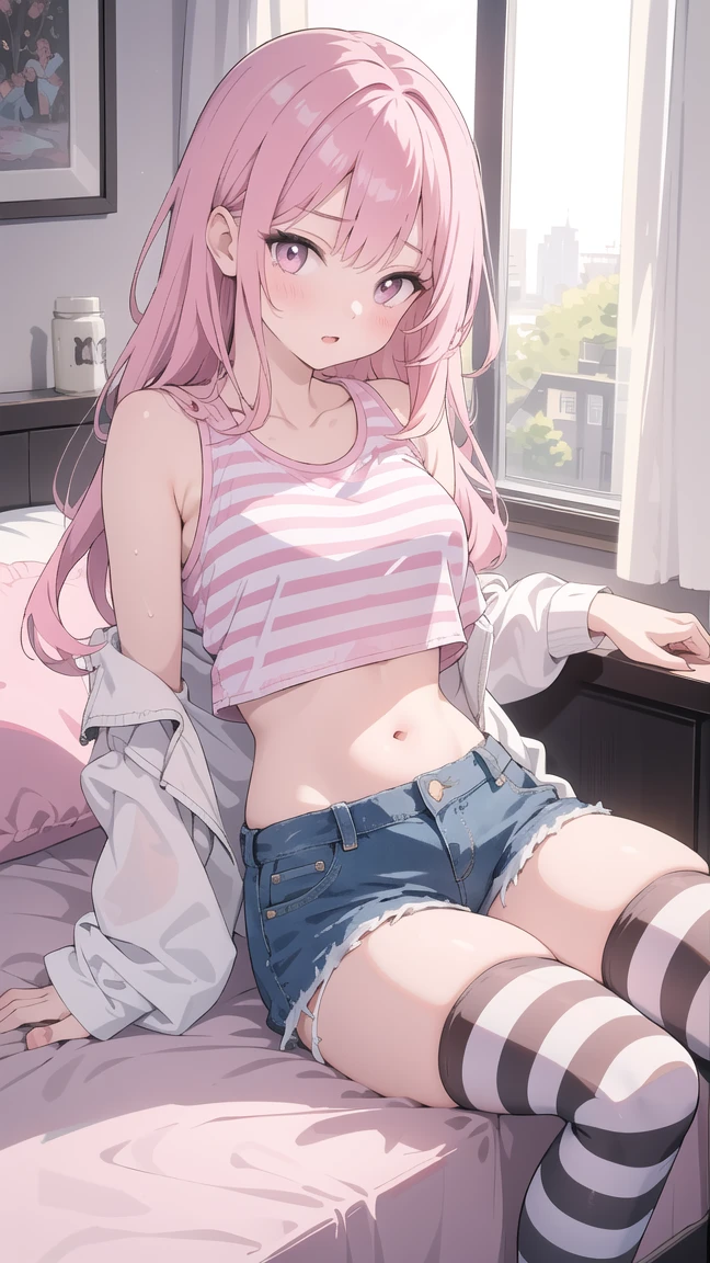 Highest quality、high resolution、One girl、Pink Hair、Child body type、Banzai pose、Clothes are fluttering、Shorts、Light tan、Low - Angle、My belly is visible、