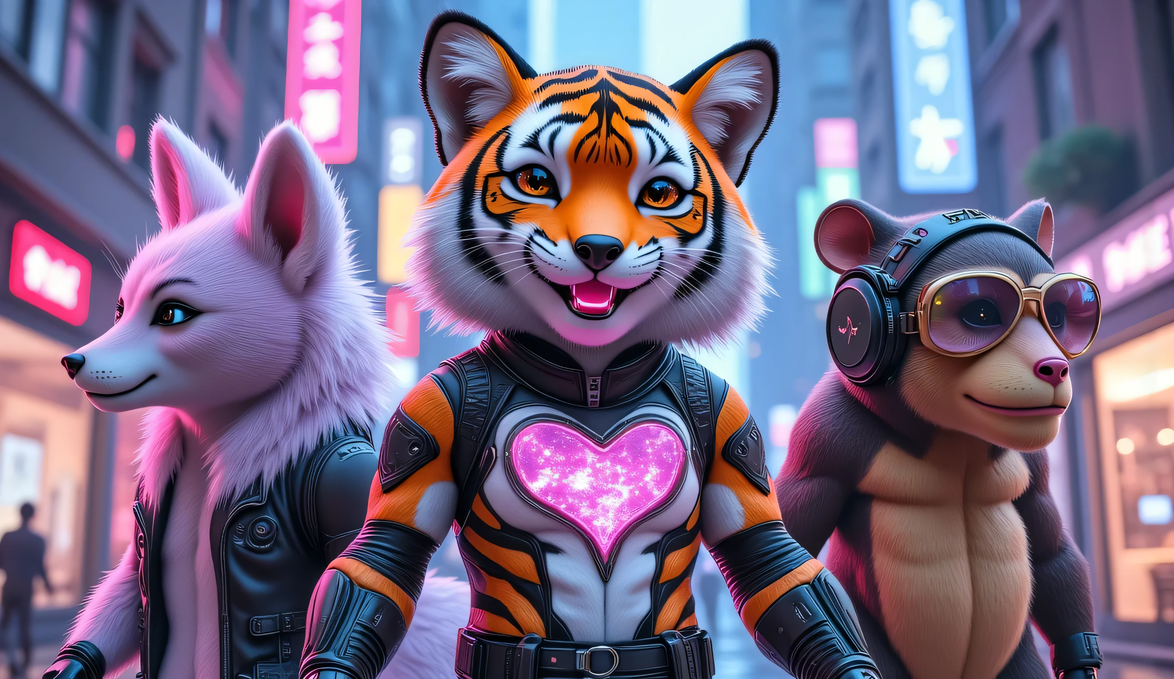 (wide angle:1.5),photorealistic portrait of Dressed animals - a ((fat)) (chibi) (baby tiger)cyber agent, a ((fit)) (muscular) (teen monkey)cyber agent,, a ((sleek)) (wild west) (adult horse)cyber agent,, a ((fat)) (chibi) (teen fox)cyber agent,, a ((fit)) (muscular) (adult bear)cyber agent,, (art by Carne Griffiths),(happy smile:1.5),(furry),high quality,(lovely) ,intricate detailed cyber bodysuits, highly detailed (cyberpunk Fashion),(wearing cyber suits ,headphone, boots ,(future cybercity background),(neon light ), (happy),(backlight effect by neon light,)(full body image:1.5),(buildings in background),score_9, score_8_up, score_7_up, score_6_up, score_5_up, score_4_up,Artwork must be a masterpiece that displays total perfection and amazing attention to detail, including macro details, voluminous light, realistic reflections on surfaces, and ultra-detailed textures. Utilize cinematic effects to enhance the overall visual impact. For best quality, images should be UHD and in sharp focus,