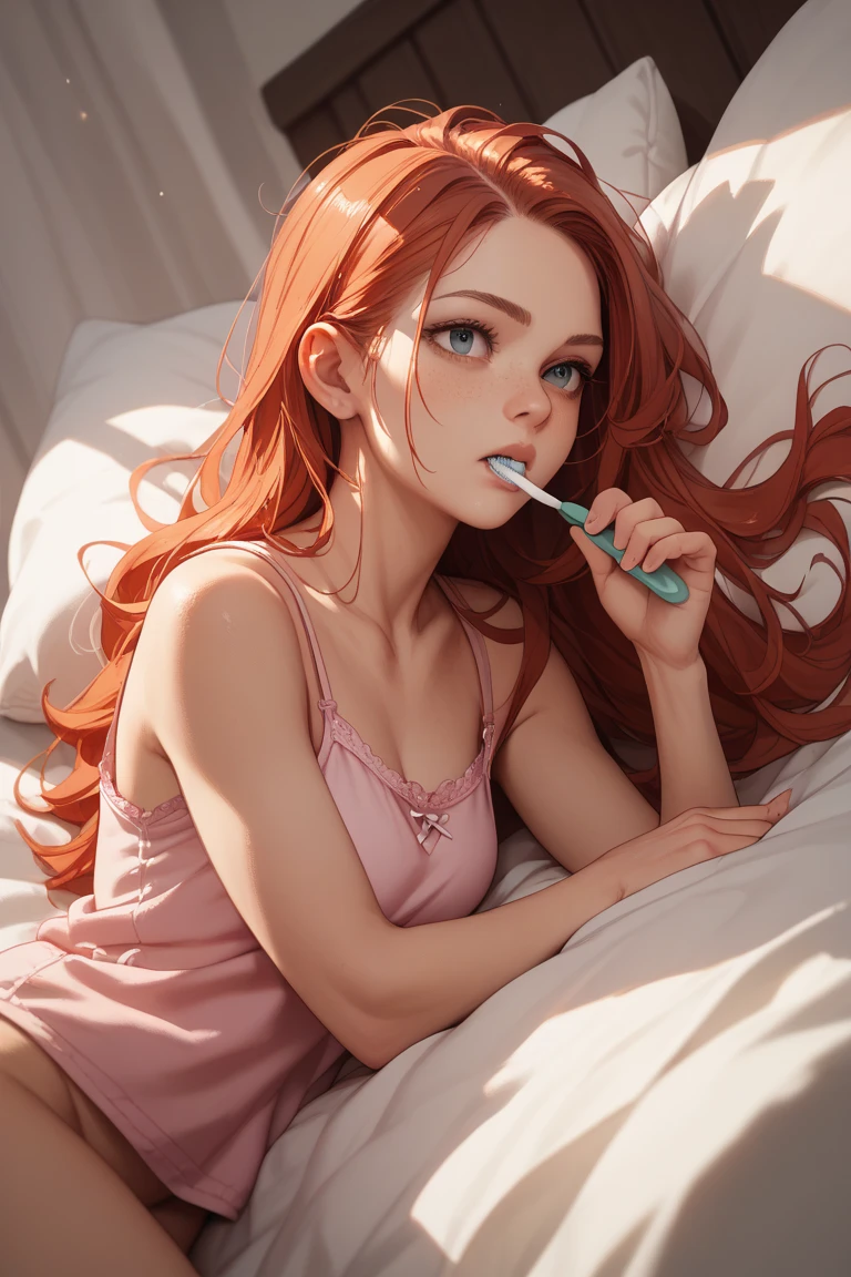 Brushing your teeth in front of the mirror,Looks sleepy,beautiful girl, UHD Portrait, (high quality) (Super detailed) pajamas; different, colorful, Long hair in color 🌈