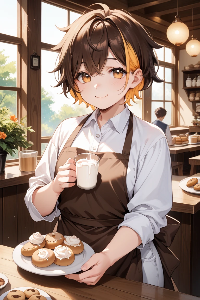 (masterpiece:1.5),(Beat quality),(high res),1girl solo,beautiful face,smile(shining eyes),upper body,light effects,Plainclothes woman,Hotcakes with honey on the table,Cafe