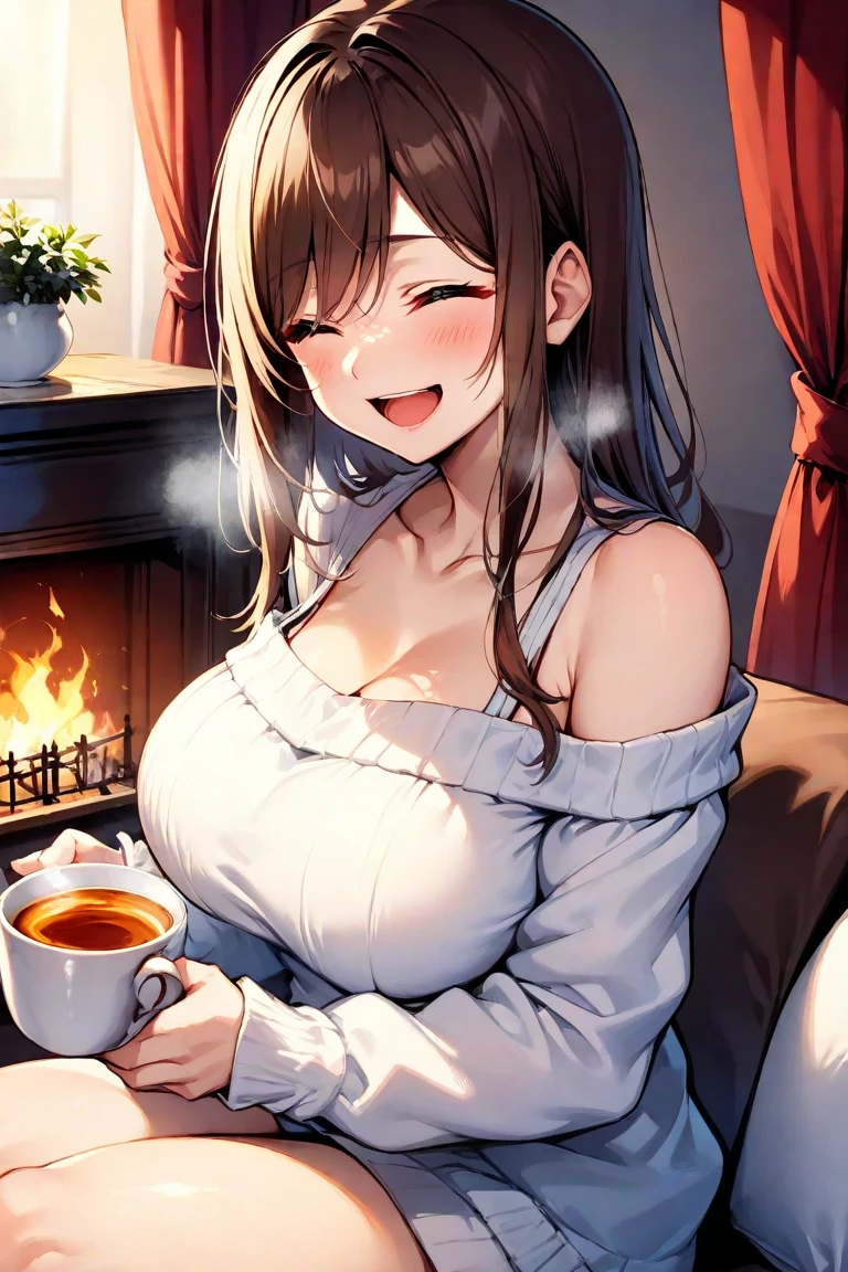 1girl, morning, hold a coffee mug, from side, cute smile, sleep wear, cleavage, window, bra, comfy