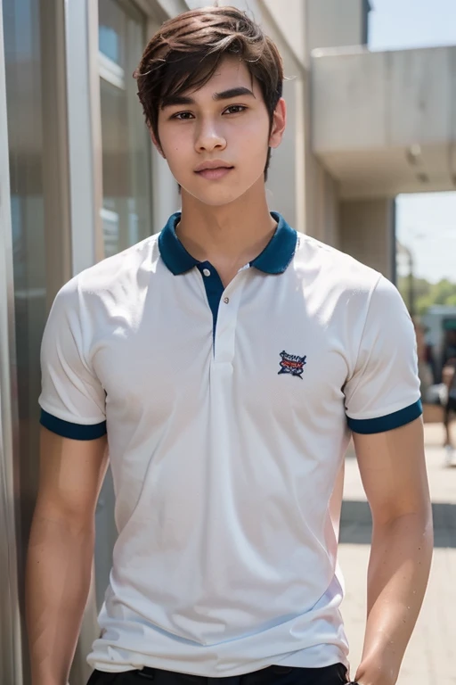 ((realistic daylight)) , Young Korean man in a navy blue polo shirt and jeans, A handsome, muscular young Asian man looks at the camera. In a simple t-shirt blue and red , roadside traffic ,((look sideways))