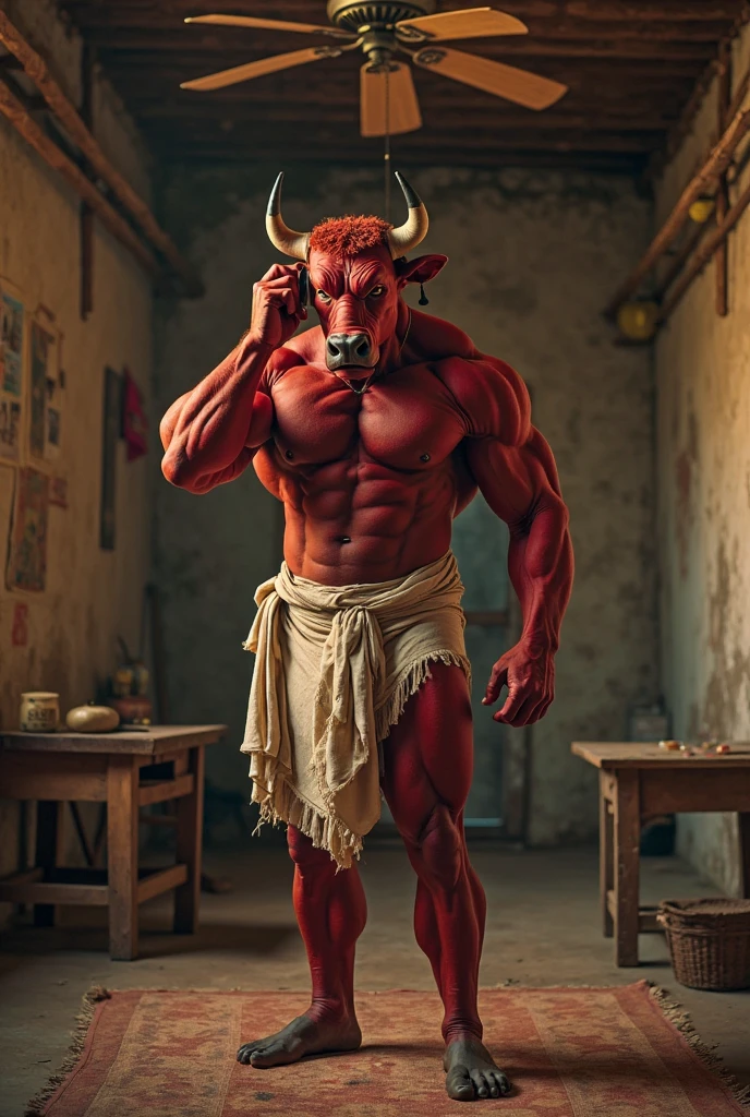 A hyper-realistic digital painting of a muscular young man with a strong build, standing in a rustic barn. (He has bull-like features, including horns and animal ears, blending human and animal characteristics in a stylized, fantasy art style). He is wearing denim overalls that are partially undone, revealing his well-defined abs and chest. His expression is a mix of surprise and curiosity. The scene has a hand reaching out to touch his chest, adding a sense of interaction. The background is a barn setting with hay bales and wooden structures, giving a rural, farm-like atmosphere. The lighting is natural, with sunlight filtering through the barn slats, highlighting the subject's muscular definition,