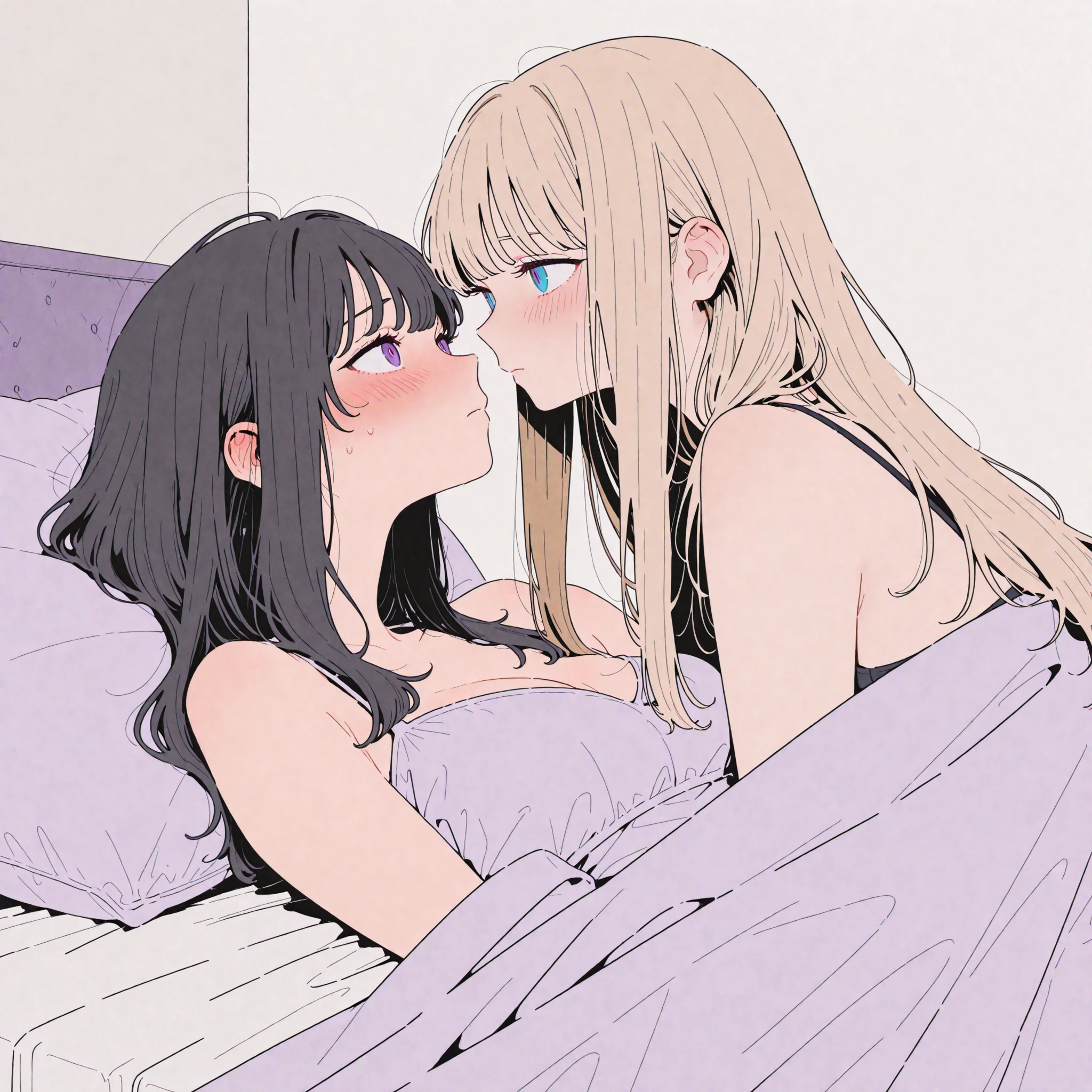 2girls, eye contact, girl 1, (Bebebe:0.5), blonde hair, blue eyes, embarrassed, girl 2, (Mai_Yamada:0.4), black hair, purple eyes, on bed, in bedroom, high saturation, high contrast, high contrast,