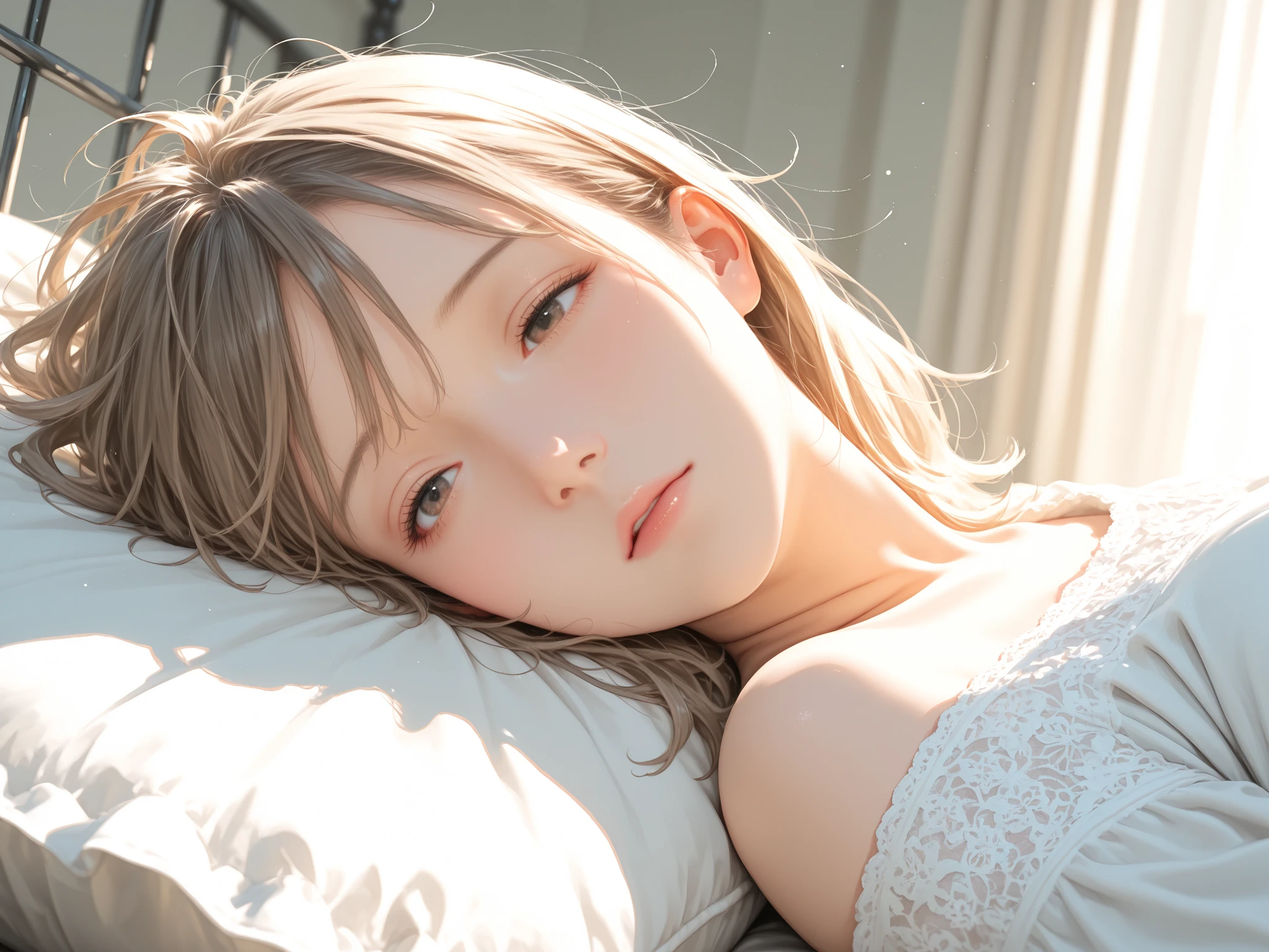 (masutepiece: 1.3), (max resolution: 1.2), (Ultra HDTV: 1.2), cinematric light, 8K resolution, Detailed eyes and skin, detailed facial features, , (Sharp Focus: 1.2), (Focus on Face:1.2),Perfect Style, Beautiful face, acurate, Anatomically correct, ノ Highly detailed facial and skin texture, Detailed eyes, Double eyelids, Thin eyebrows, Glitter Eyeliner: 1 Natural cheeks, Glossy skin, Fair skin: 1.2, (Glossy lips: 1.4),、 (Shy look: 1.2),Highly detailed facial and skin texture, Detailed eyes, Double eyelids, Natural cheeks, , shiny lips: 1.4,Exposed cleavage、Sperm taken、Overflowing sperm、Flowing sperm、 red blush、humiliated、impatience、dismay、Frightened、glares、Sexually arousal、Provocation、embarrassed from、Open knees、open one's legs、 White underwear、White bra、Shiny little earrings and necklaces、Disheveled clothes、Dressing、Exposed panties、Wearing sweat、sodden、Sheer underwear、Stockings、 18 instars, Neat and clean woman,1 persons、 upturned breasts, Bedroom、(Lying next to you in bed:1.8)、From above、deep in the night、sexy pose、White-silver hair、a blond、A dark-haired、Blue ash eyes、Green ash eye、glares表情、full of sweat、