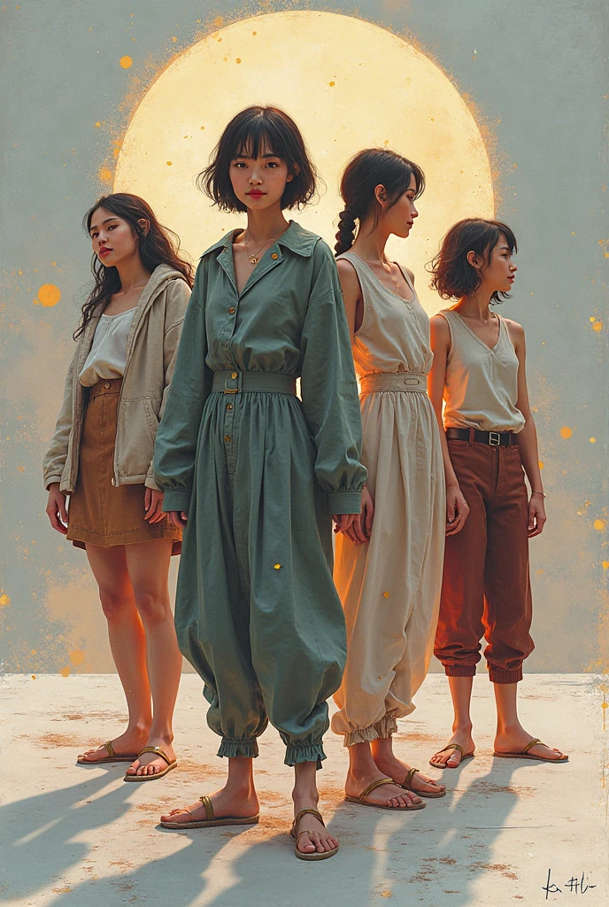 alone in the universe, in watercolor style, Photorealism, discreet golden and ruby and mint shades, (nude) gentle modest thin girl 16 years old (with a very beautiful exquisite face) southern type with short dark hair with beautiful breasts with tender nipples (barefoot) in a long orange skirt walking in the distance (Across the desert) with a jug in hand, stunted little plants, drought, precious jewelry on the neck and chest and on the wrists, precious bracelets, ankle bracelets
